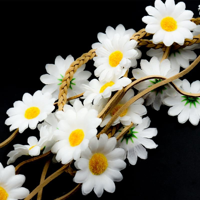 ANCLLO Daisy Hair Accessories Bohemian Daisy Headband Sunflower Crown Adjustable Tassel Hair Scrunchie Flower Headband Travel Flower Headpiece Women Cosplay Costume (White) image number 4