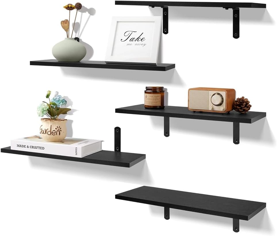 Delsol Wall Floating Shelves Wood Shelves 5Pcs Set Home Decor Wall Mounted Storage Rustic Wood Farmhouse Shelf for Bedroom, Living Room, Kitchen, Bathroom (Black)