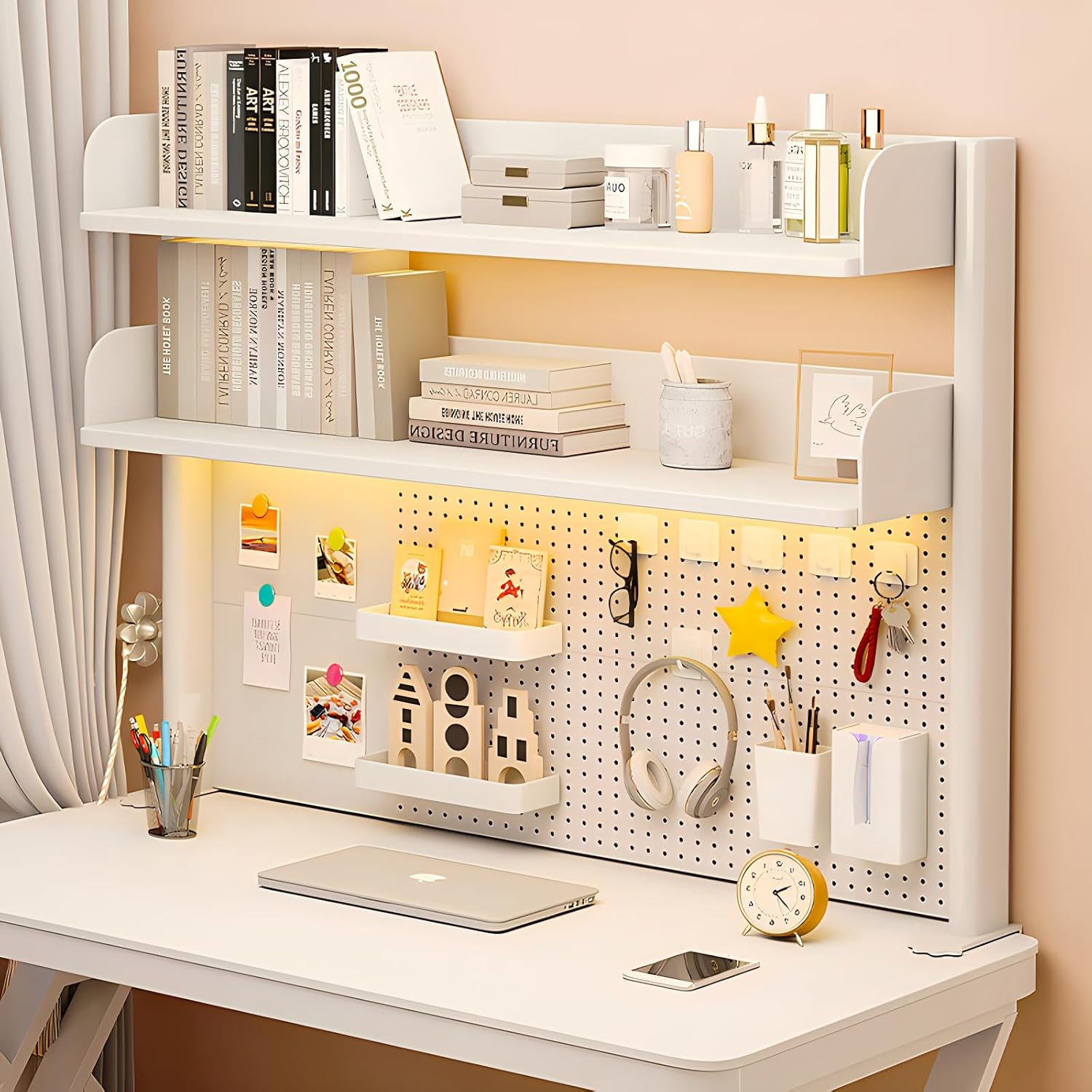 AIMANWEI Clamp-On 31.5 Inch above or below Desk 3-Tier Shelving, Desk Organizer Shelf for Office Accessories, Gaming Devices with 20 Pieces Storage Accessories (White) image number 4