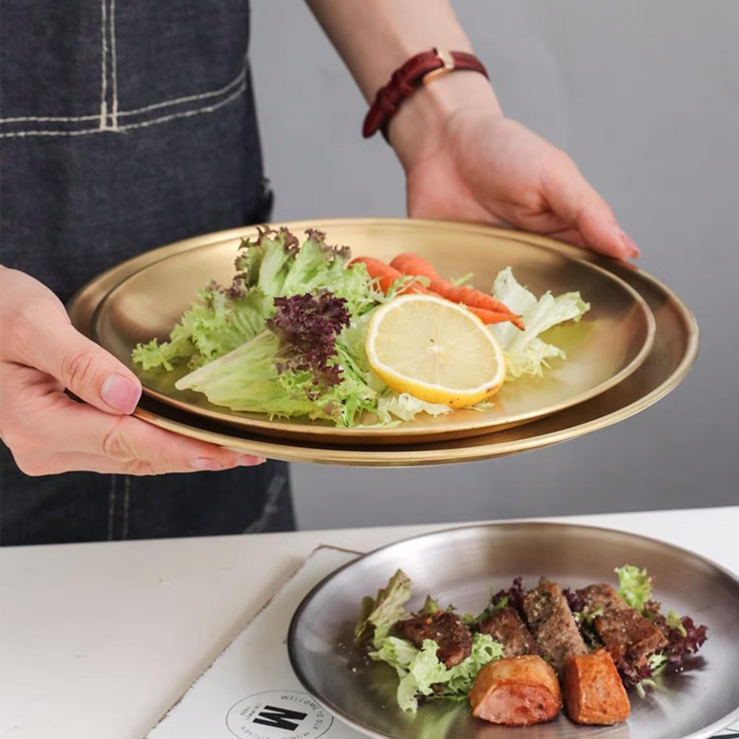 WANBY Stainless Steel Plates Gold Metal Dinner Plates Unbreakable Dinner Dishes Set for Kitchen Home Camping Outdoor Party BBQ (10Inch 4Pcs) image number 2