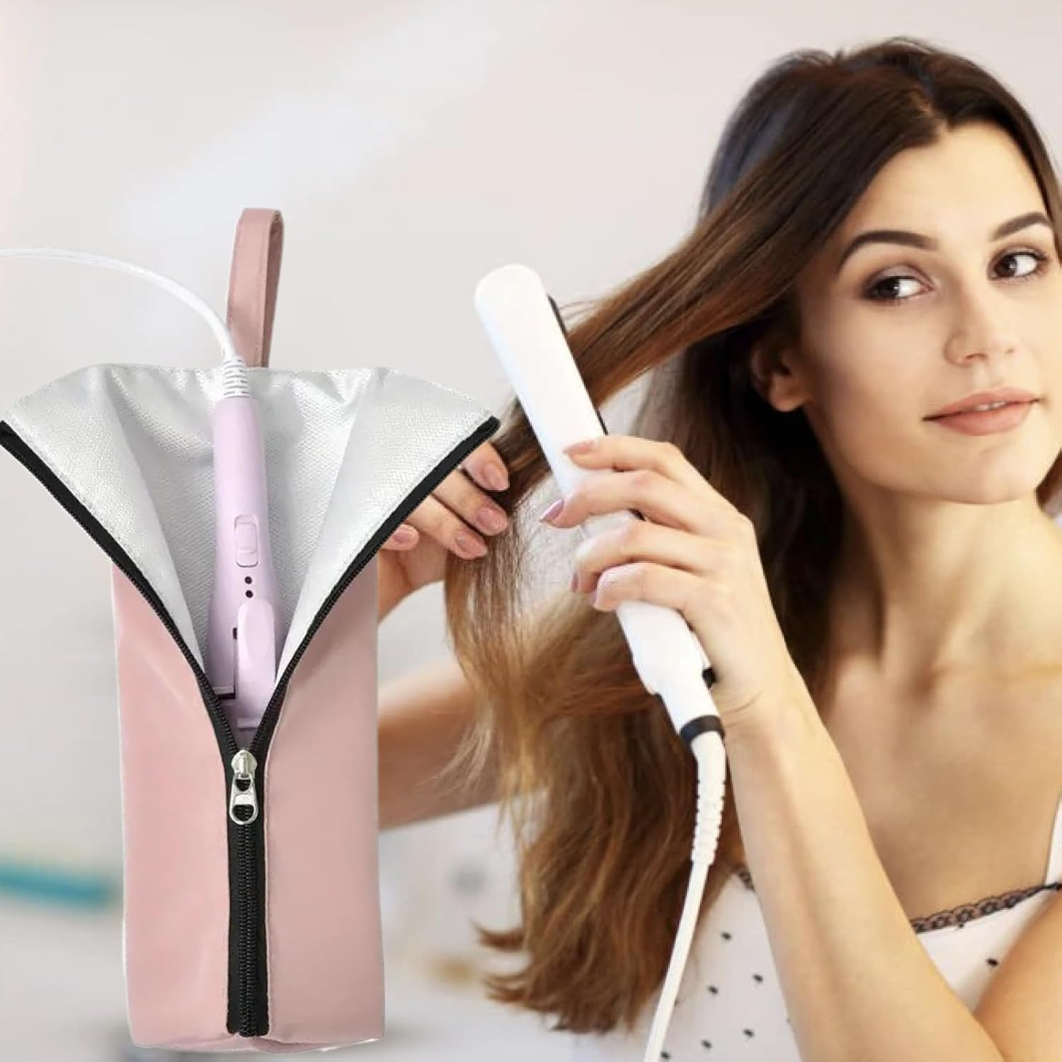 Curling Iron Travel Case - Heat Resistant Makeup Organizer,Portable Hair Tool Carrying Bag for Salon Vanity Table Home Makeup Station RV Travel Bathroom - Gray image number 5