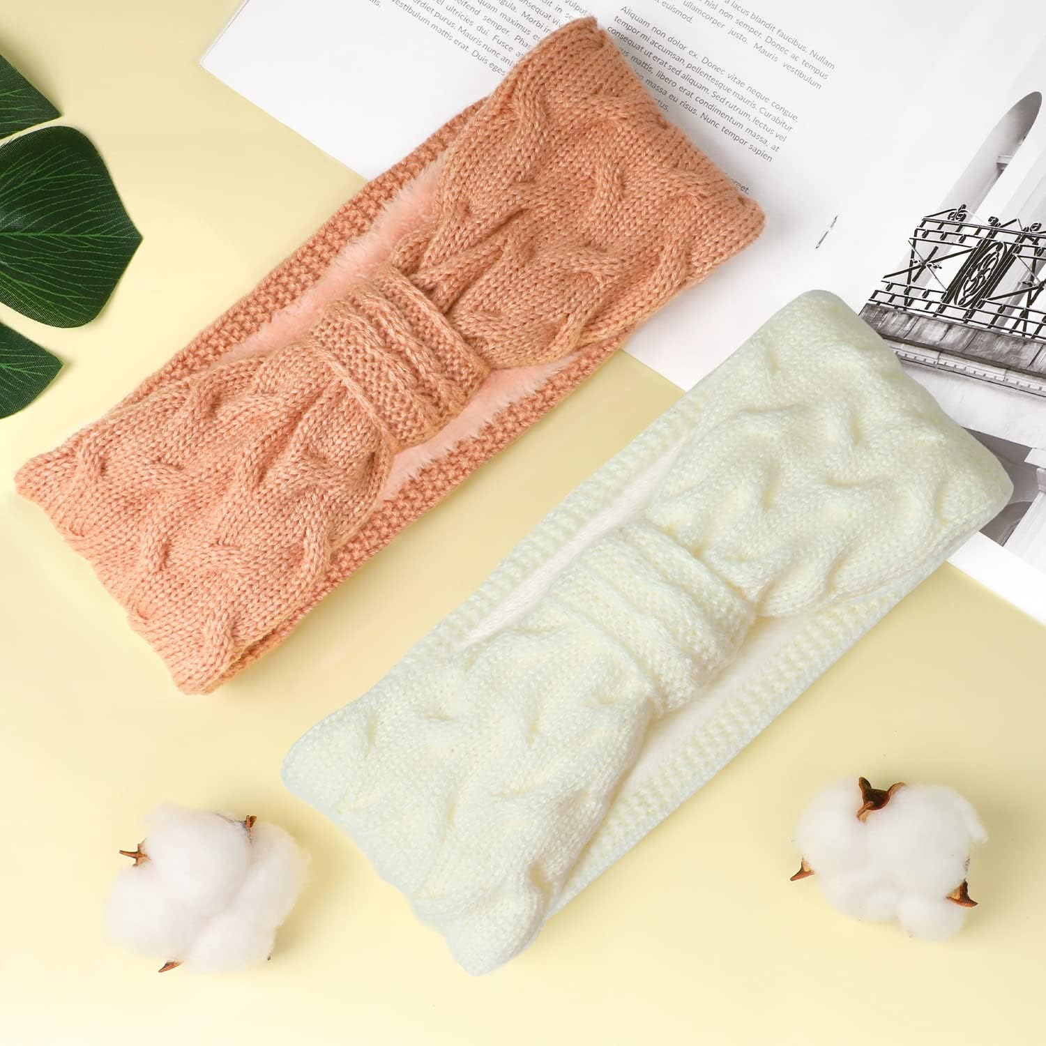 EYCLFY Women'S Winter Headband Women'S Winter Lined Fleece Hair Bands Elastic Headwrap Headband Crochet Women Hair Band Knitted Headband 2 Pieces (White + Pink)