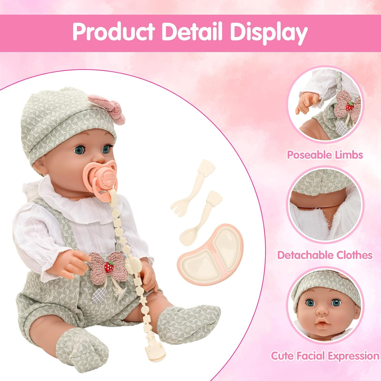 16 Inch Baby Doll with Outfit Feeding Set Realistic Lifelike Born Baby Doll Cute Baby Doll Soft Body Silicone Rebirth Baby Doll with Clothes Feeding Set Bottle Doll Pacifier Accessories for Toddlers image number 5
