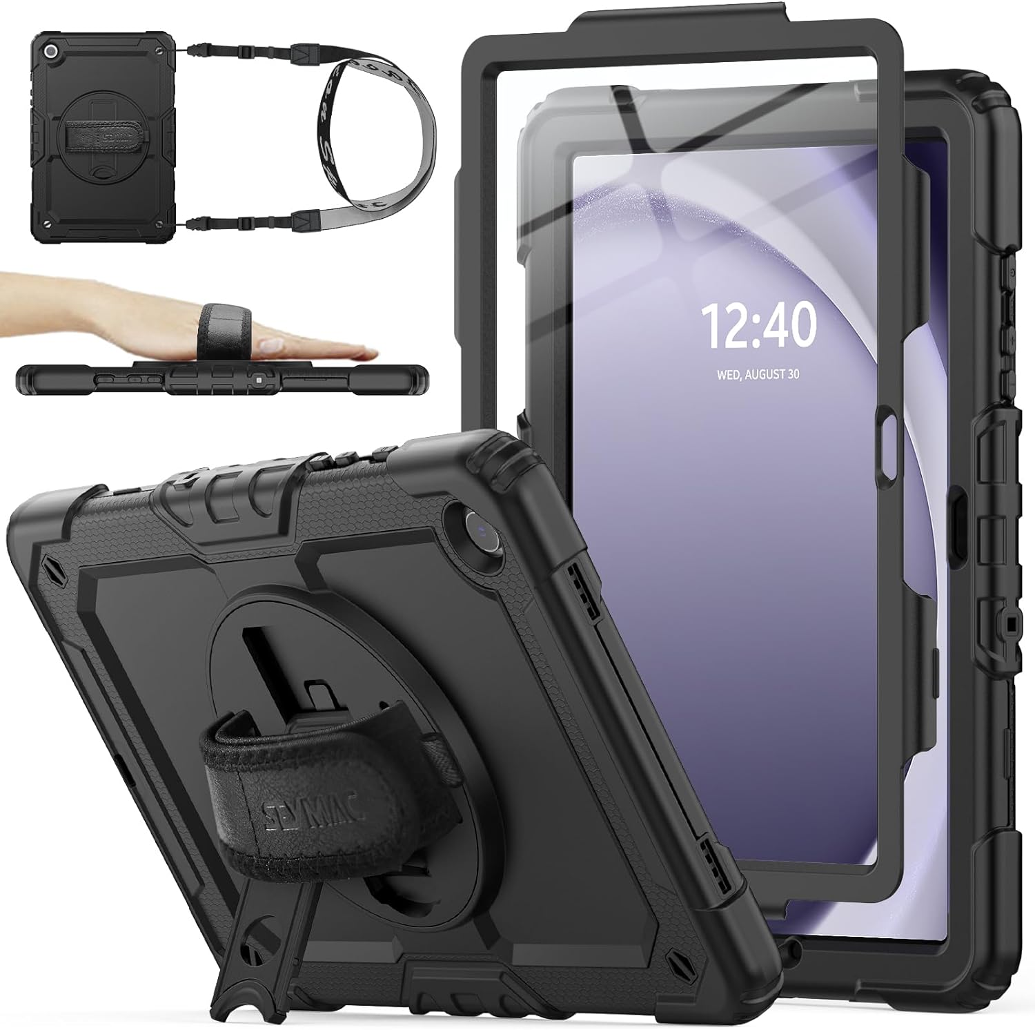 SEYMAC Stock 360&deg; Hand Strap/Stand Protective Case for Samsung Galaxy Tab A9 plus 11 Inch, Black+Black