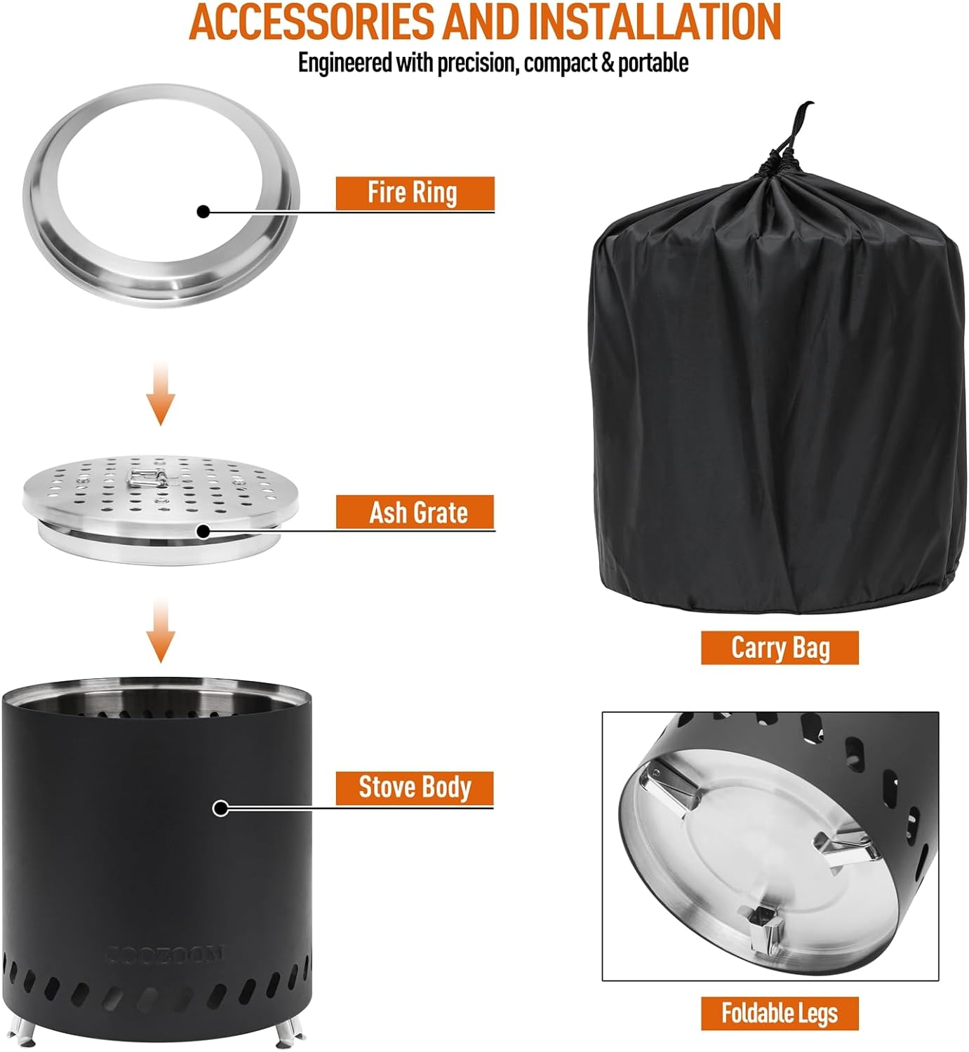 Portable Table Top Fire Pit with Stand, 8.6" Stainless Steel Mini Outdoor Low Smoke Burning Tabletop Firepit Fueled by Pellets or Wood, for outside Camping Black image number 5