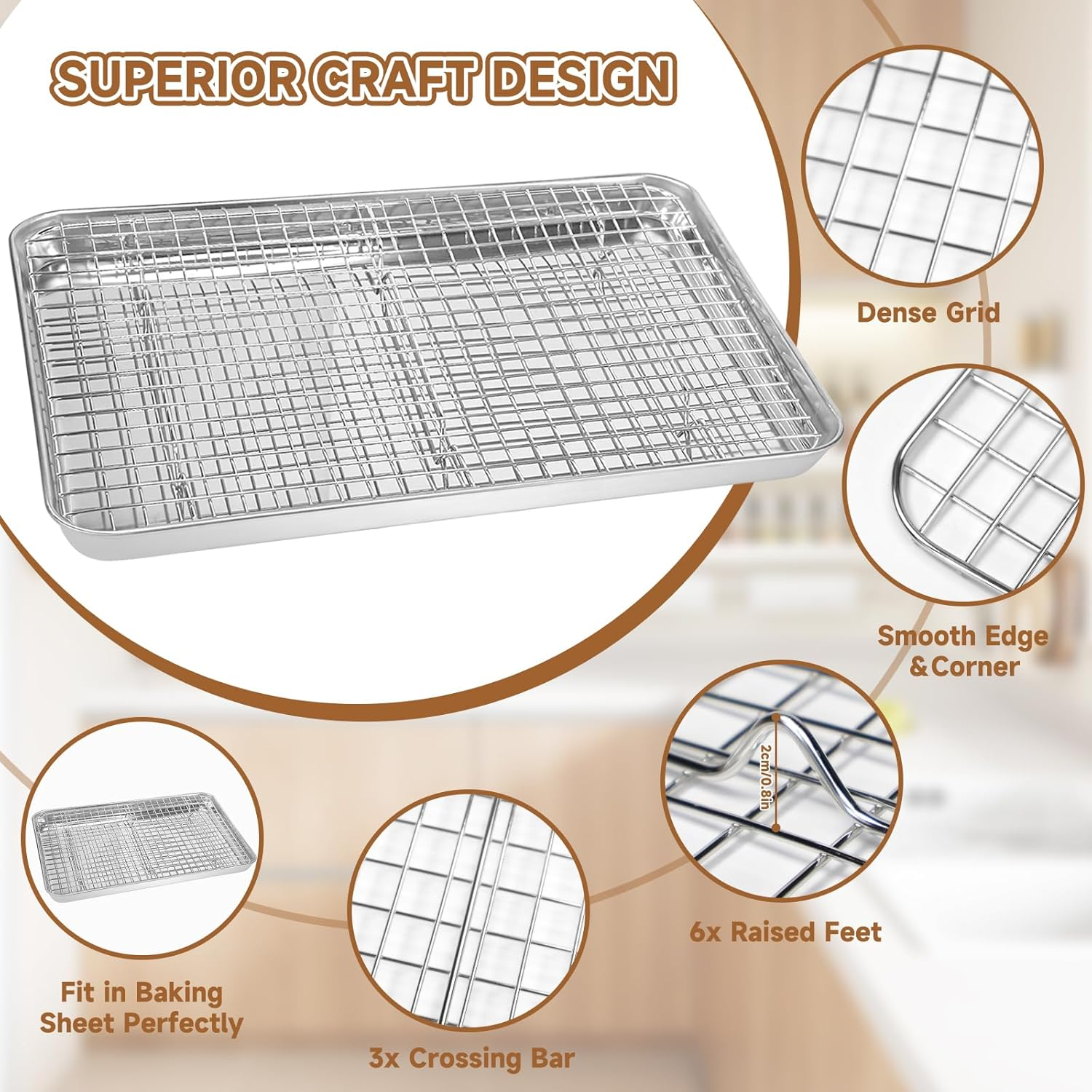 SAILESI Baking Sheet with Rack Set [2 Baking Pans + 2 Cooling Racks], Stainless Steel Cookie Sheet with Wire Rack, Baking Sheet Oven Tray Nonstick Baking Pan with Grid Rack, 44 X 31 X 2.5Cm image number 1