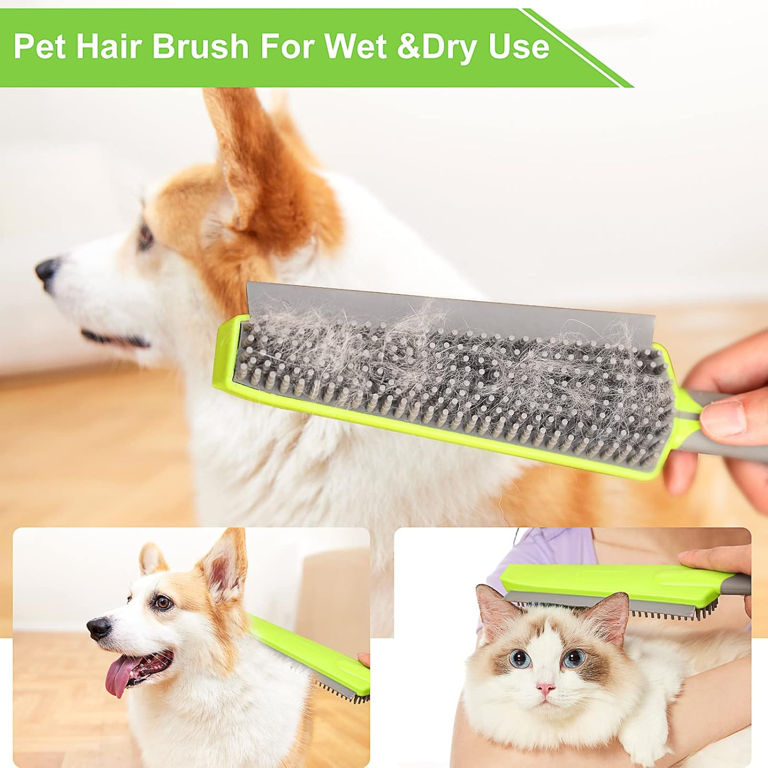 Rubber Broom Carpet Rake for Pet Hair Remover, Fur Remover Broom with Squeegee, Portable Detailing Lint Remover Brush, Pet Hair Removal Tool for Fluff Carpet, Hardwood Floor, Tile, Window (Green)