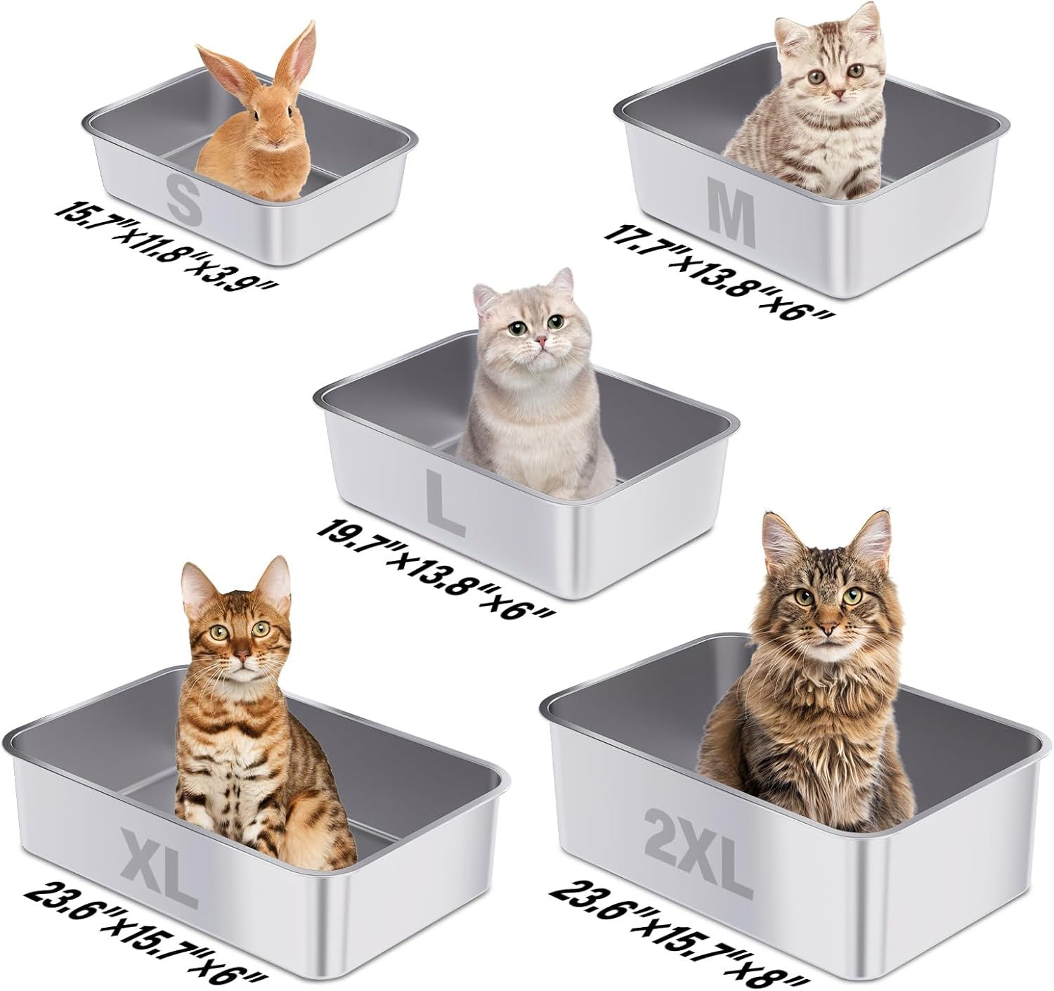 FUTAM Medium Silver Stainless Steel Cat Litter Box 2 Pack, 17.7"X13.8"X6" Easy to Clean, No Smell for Adult Cats image number 5