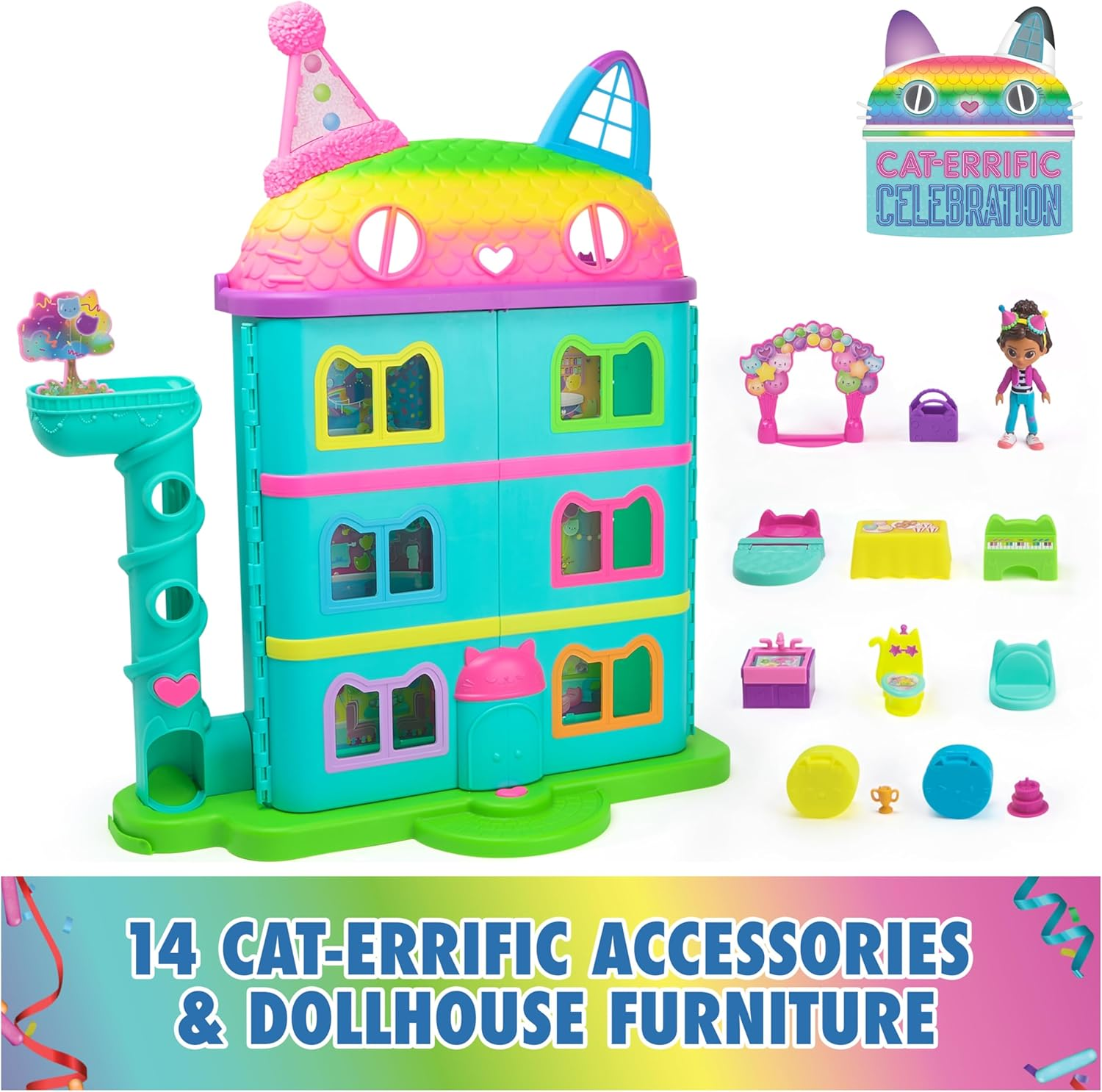 Gabby&rsquo;S Dollhouse, 14-Piece Rainbow-Themed, Celebration Doll&rsquo;S House, Toy Figures, Doll&rsquo;S House Furniture and 10 Sounds, Kids&rsquo; Toys for Girls and Boys Aged 3+ image number 6