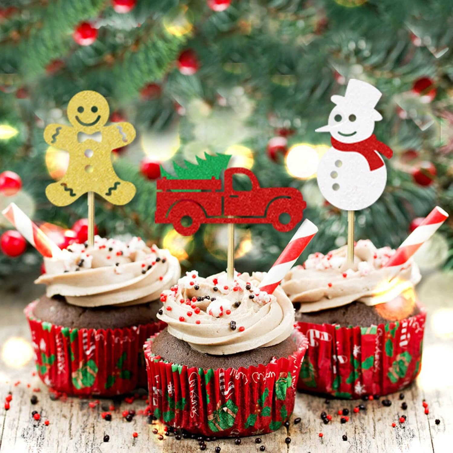 18Pcs Christmas Cupcake Toppers Glitter Christmas Hat Tree Candy Snowflake Snowman Deer Sled Gift Cupcake Picks Merry Christmas Theme Happy New Year Holiday Party Decorations Supplies