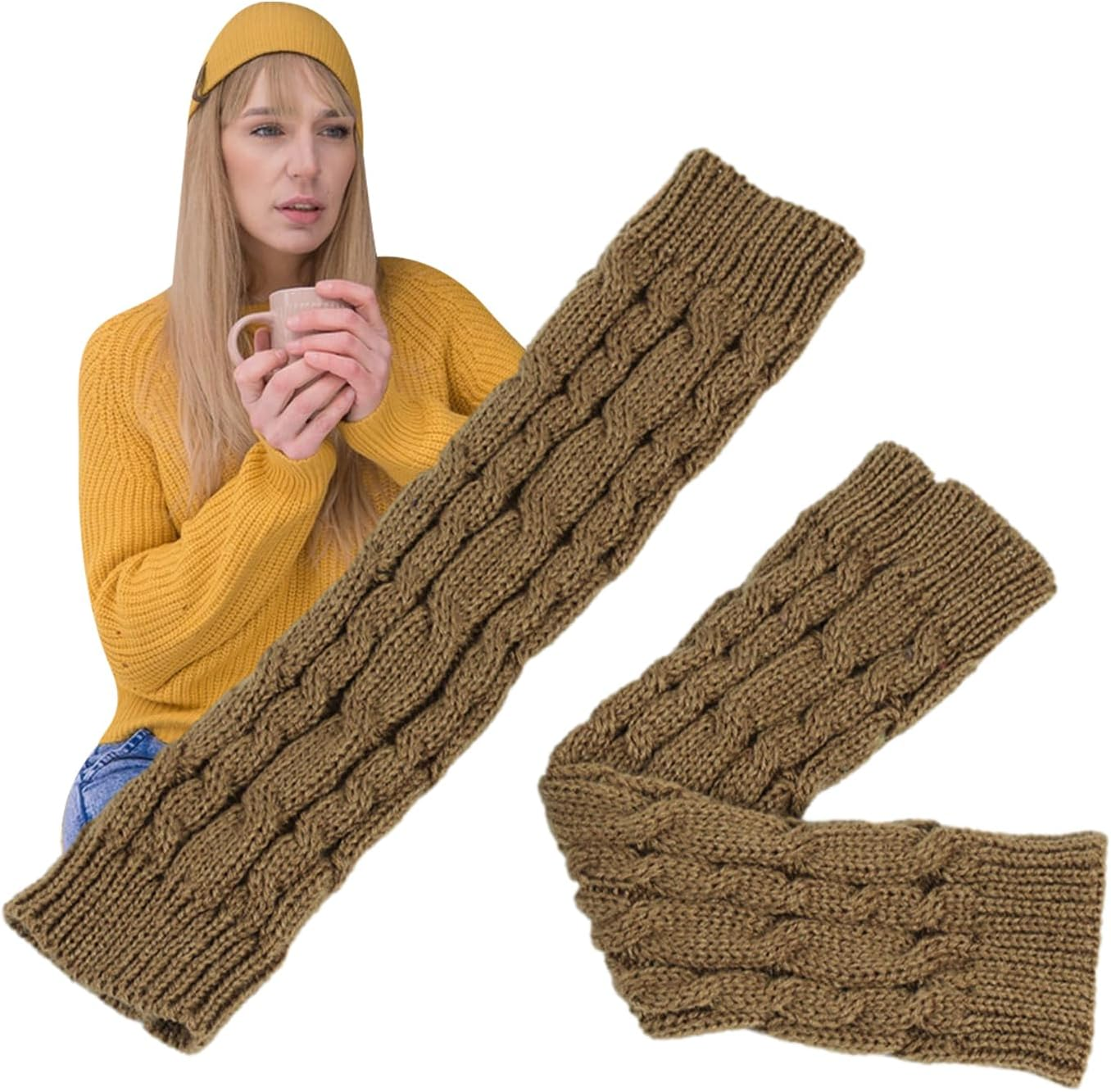 Long Fingerless Gloves - Long Fingerless Gloves Knit Warmer - Soft and Stretchy Half Finger Winter Warm Knitted Arm Warmers for Family, Friends image number 4