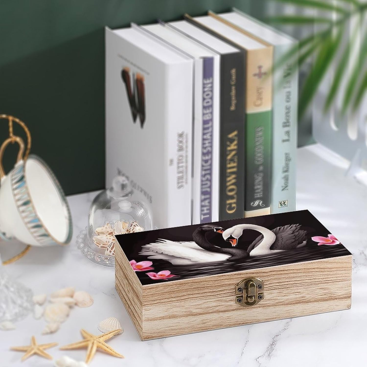 Black White Swan Wooden Box Wood Wedding Keepsake Boxes with Lids Small Decorative Boxes Lightweight Wooden Memory Storage Box for Crafts Keepsakes Jewelry Photo Letter Storage image number 3
