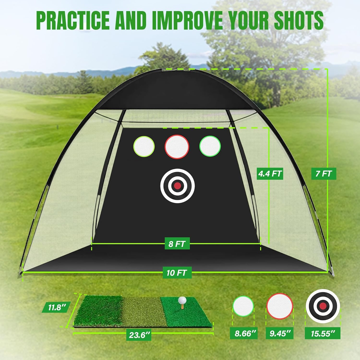 Golf Net, 10X7Ft Golf Practice Net with Tri-Turf Golf Mat, All in 1 Home Golf Hitting Aid Nets for Backyard Driving Chipping Swing Training with Target/Mat/Balls/Tee/Golf Lovers image number 3
