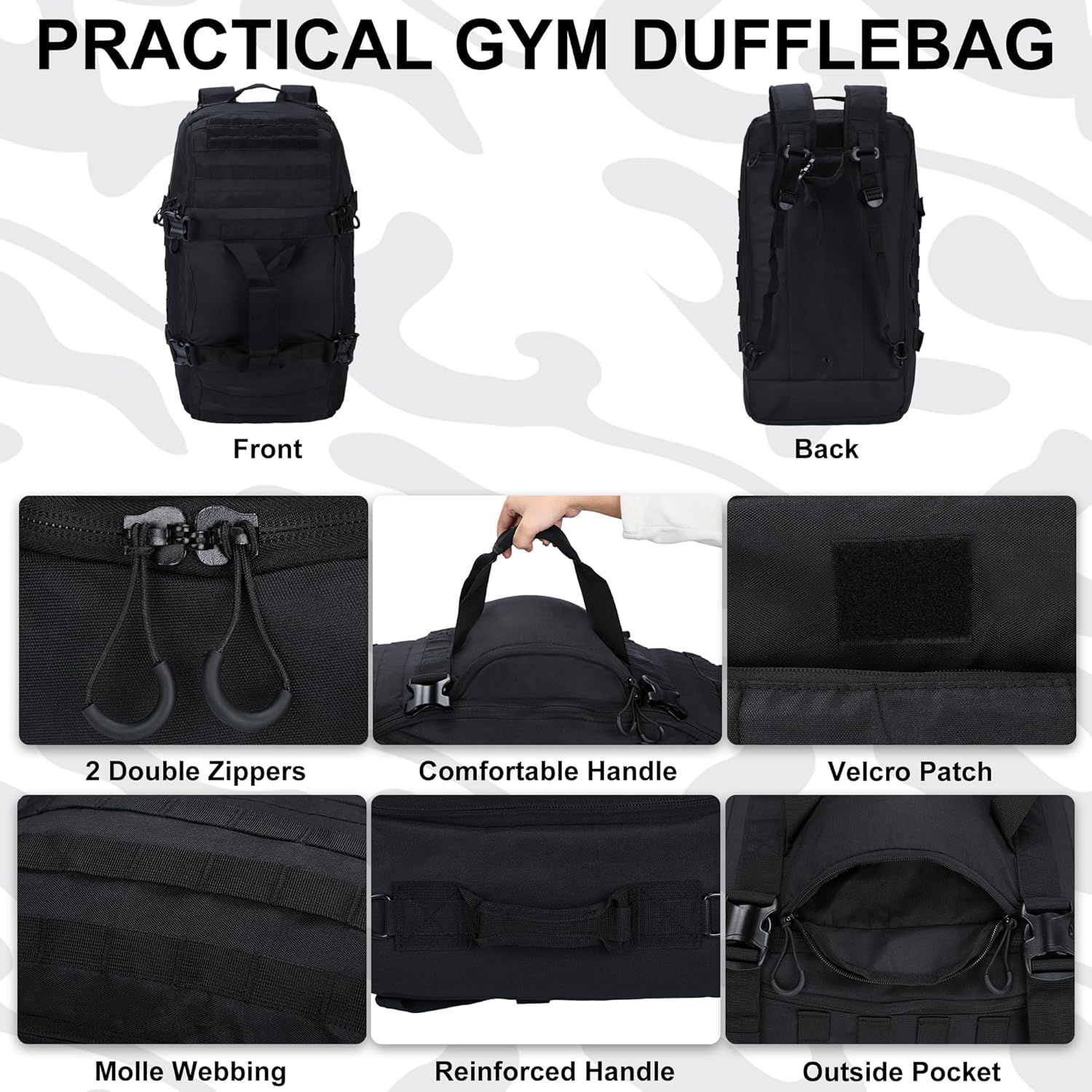 PAIWPHLI Gym Bag Duffle Bags Backpack Travel Duffle Bag with Weekend Overnight Bag for Outdoor Camping Hunting, Black, 80L, Duffel Bag image number 6