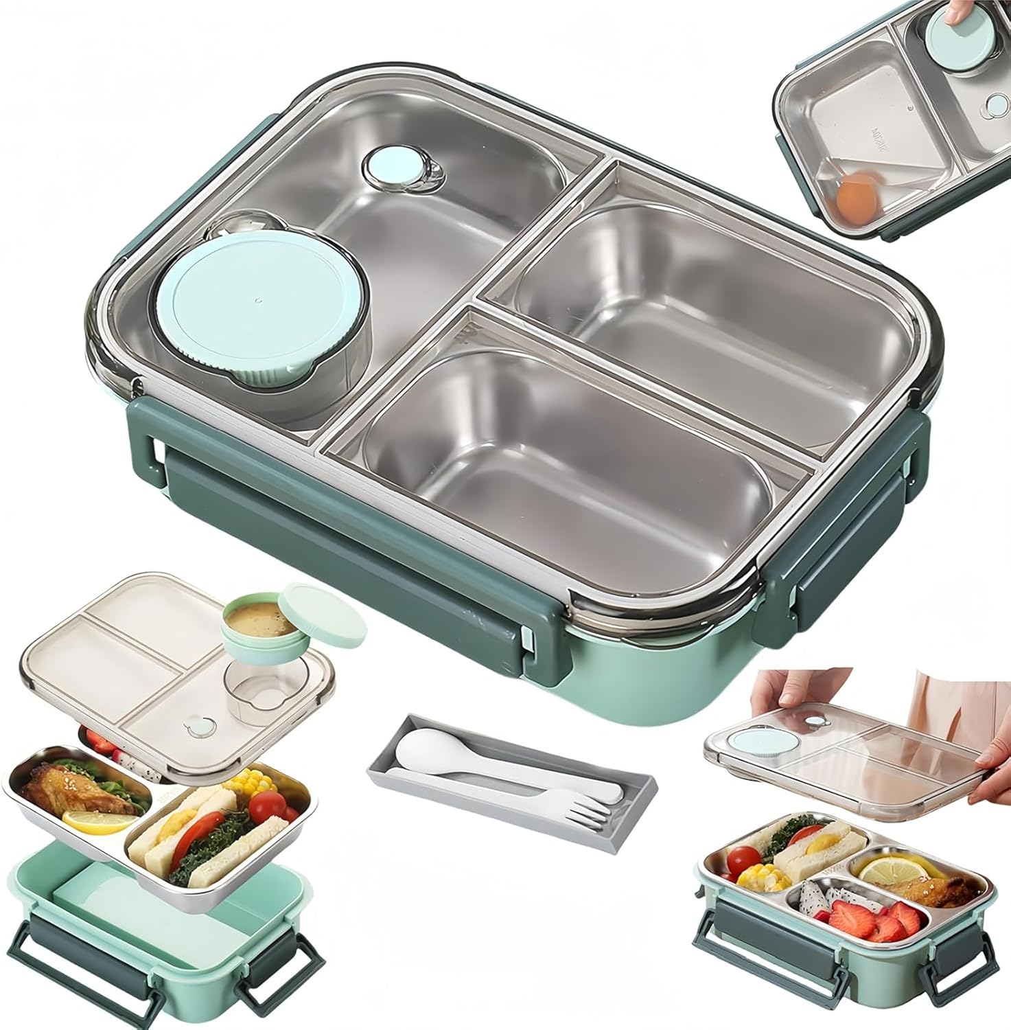 Stainless Steel Lunch Box with 4 Compartments, 850Ml Bento Box Set with Leakproof Lid, Utensils, and Easy Portability for School, Work, Camping, and Travel