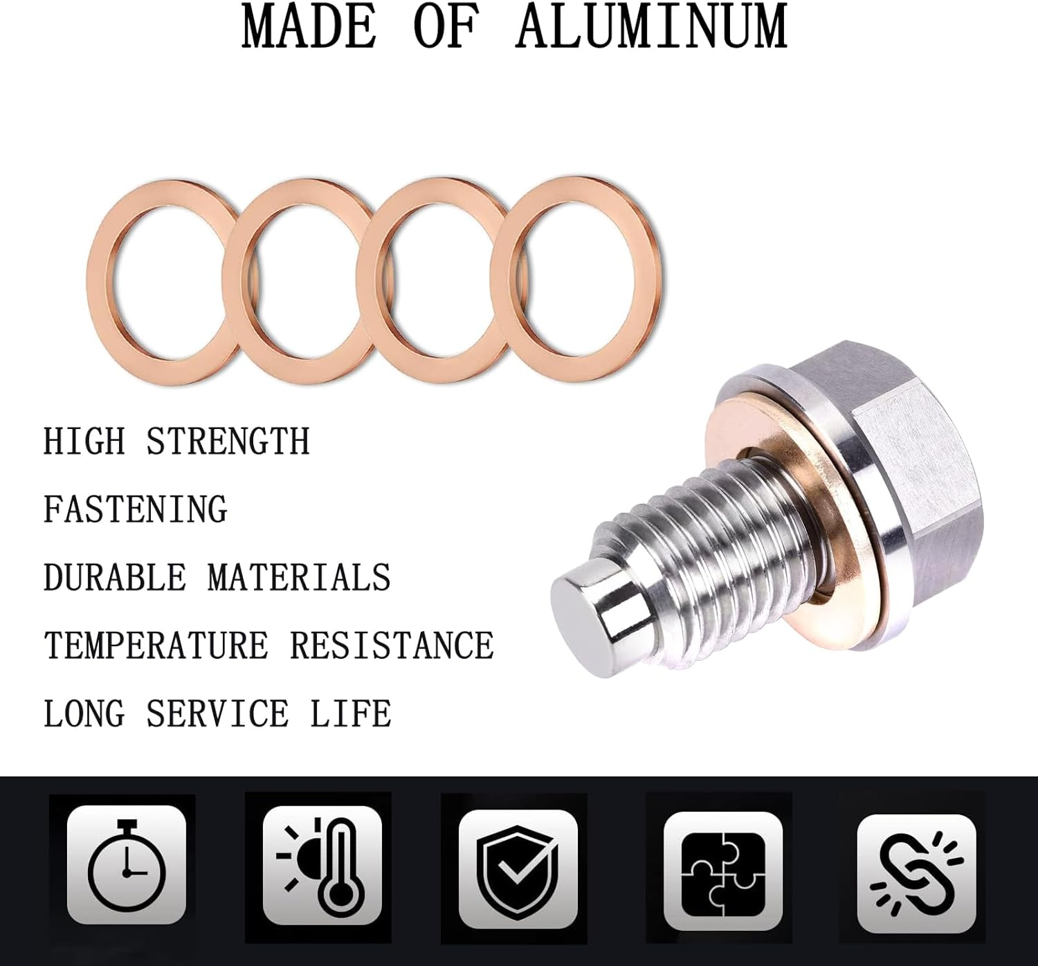 M14X1.5 Magnetic Oil Drain Plug, Magnetic Stainless Steel Oil Pan Drain Nut Bolt with 5PCS Copper Crush Washer anti Leakage, Universal Leak-Proof Replacement,Fits Most Cars,Motorcycles,Boats image number 1
