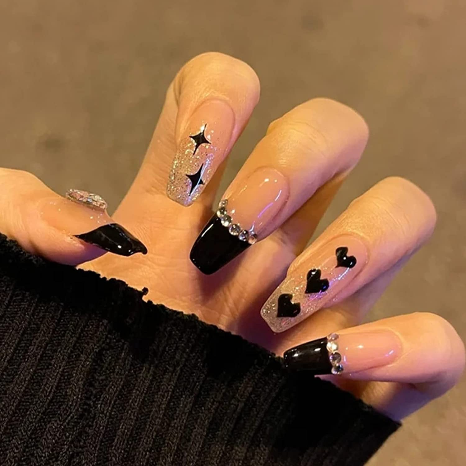 Folmywy Artificial Fake Nails False Fingernail Press on Manicure Coffin Ballerina Natrual Ongles Rhinestones Glossy Women Girls Party Wonderful Gift 24Pcs image number 1