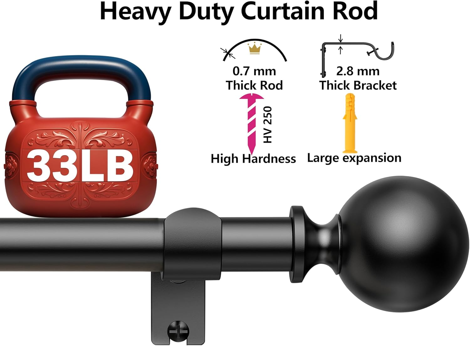 Curtain Rods 213 Cm, 235-Cm Rod Adjustable Length Heavy Duty Decorative Finials Diameter 2.2 Cm,Black image number 3