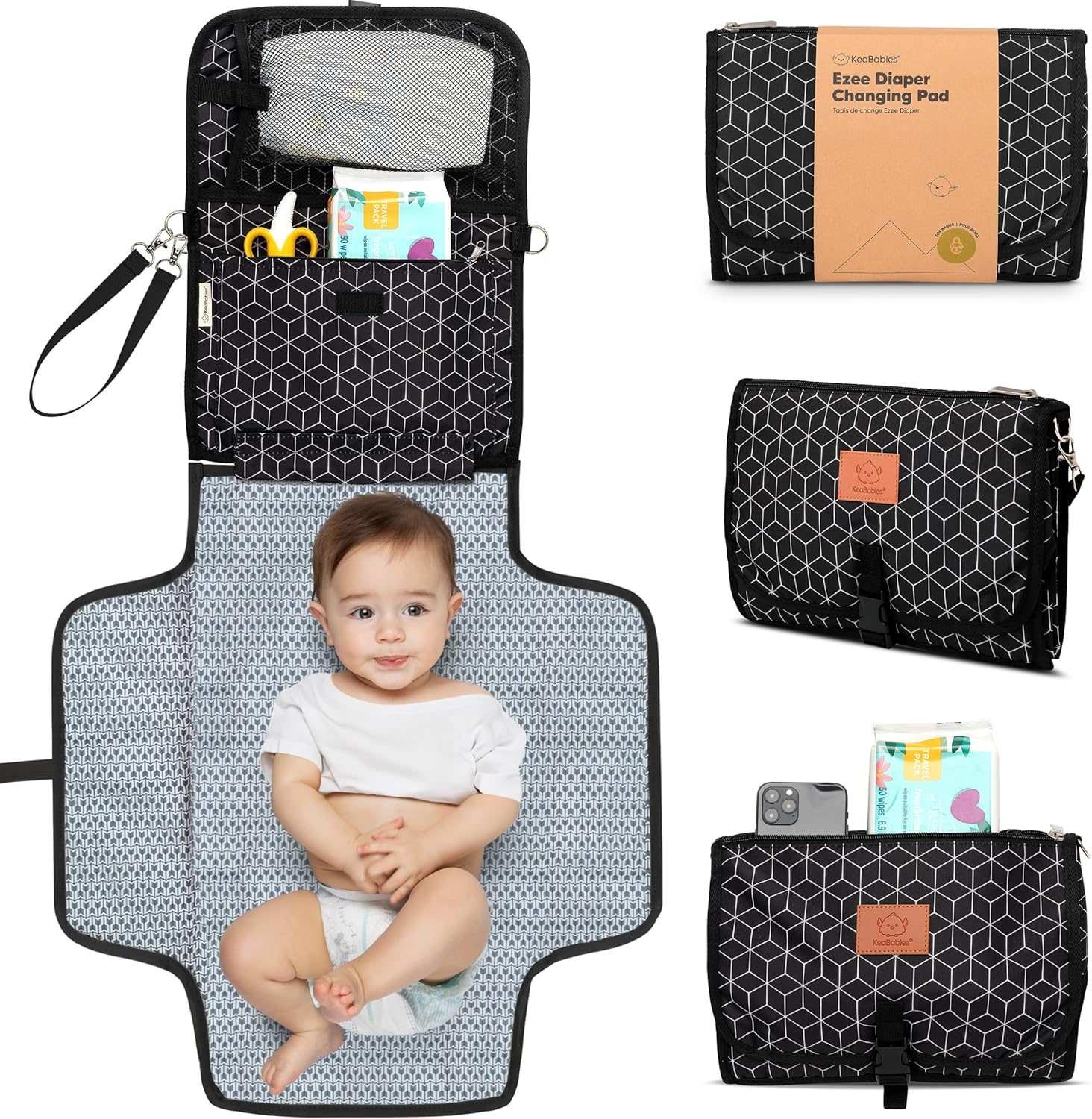 Keababies Portable Diaper Changing Pad - Large Waterproof Baby Changing Mat, Compact Travel Diaper Clutch, Functional Pockets Fit Newborn Essentials, Wipeable & Padded Baby Changer (Acacia)