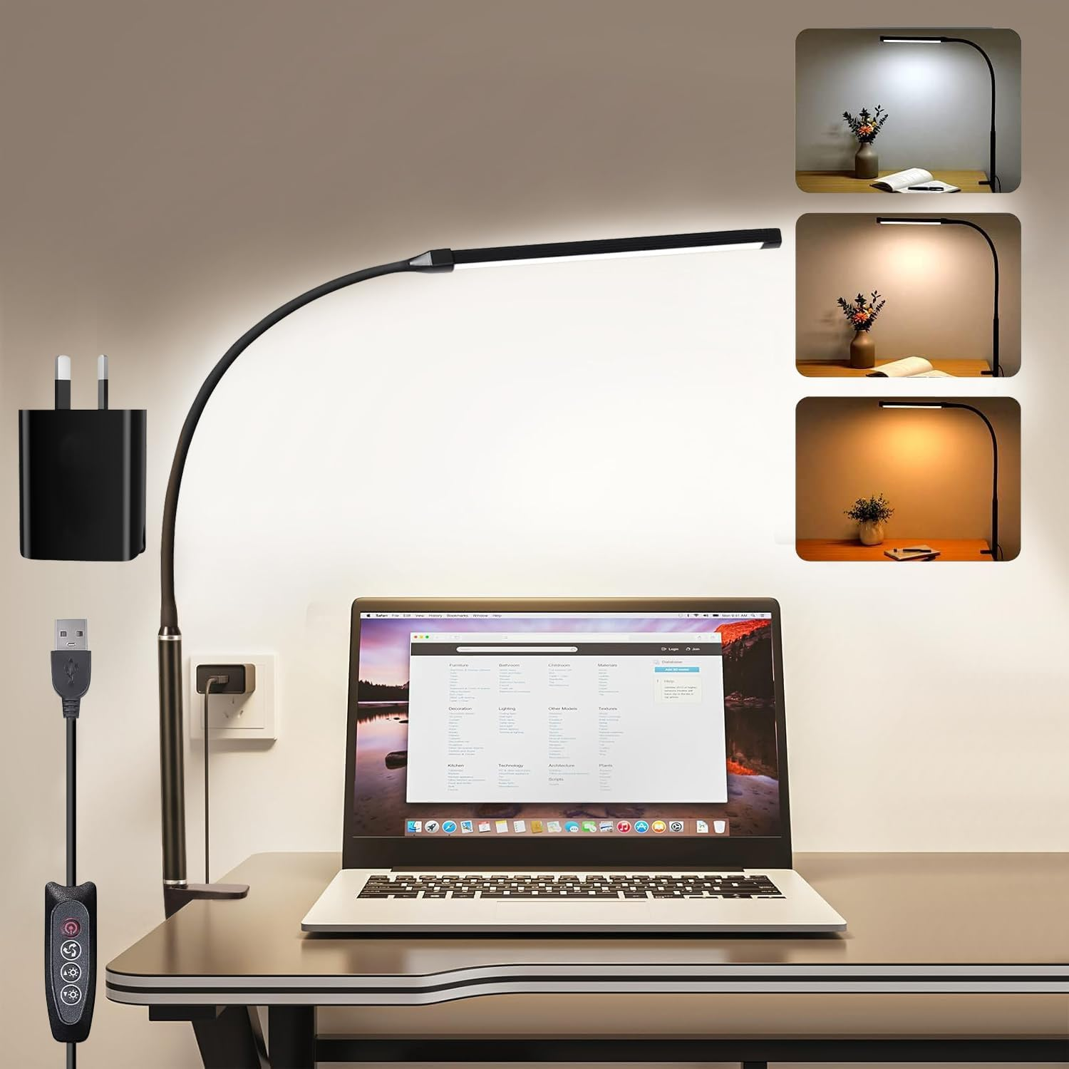 YOUYICI LED Desk Lamp with Clamp, Eye-Caring Clip Lights for Home Office, 3 Colors Stepless Dimming, Flexible Gooseneck Table Lamp with USB Adapter for Reading Working Workbench Drawing Gaming (Black)