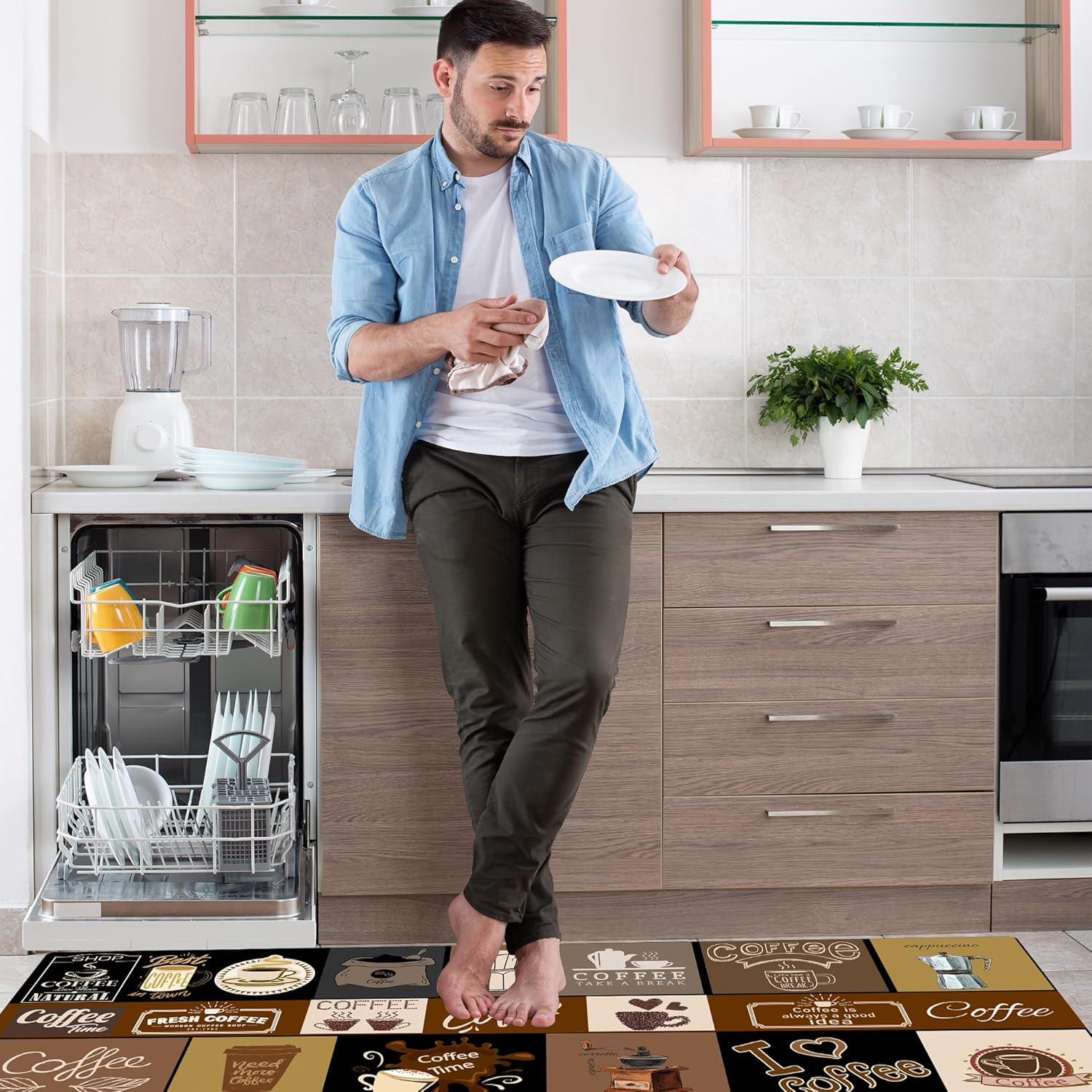 2PCS Kitchen Rugs and Mats Set of 2, Non-Slip Absorbent Coffee-Themed Kitchen Floor Mat, Kitchen Mats Washable, 50Cm X 80Cm + 50Cm X 120Cm (Coffee, 50Cm X 80Cm + 50Cm X 120Cm) image number 2