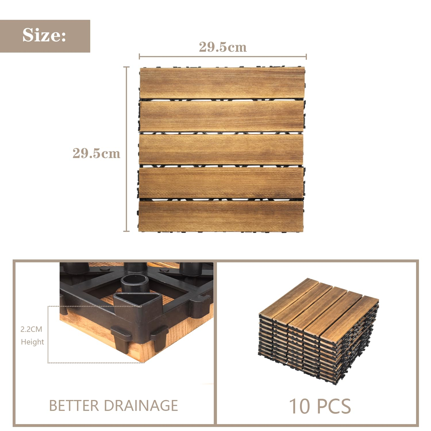 10PCS Interlocking Deck Tiles 29.5Cm X 29.5Cm, Flooring Tiles for Both Indoor and Outdoor, Pine Wood Floor Tiles, Patio Tiles for Balcony Flooring image number 6