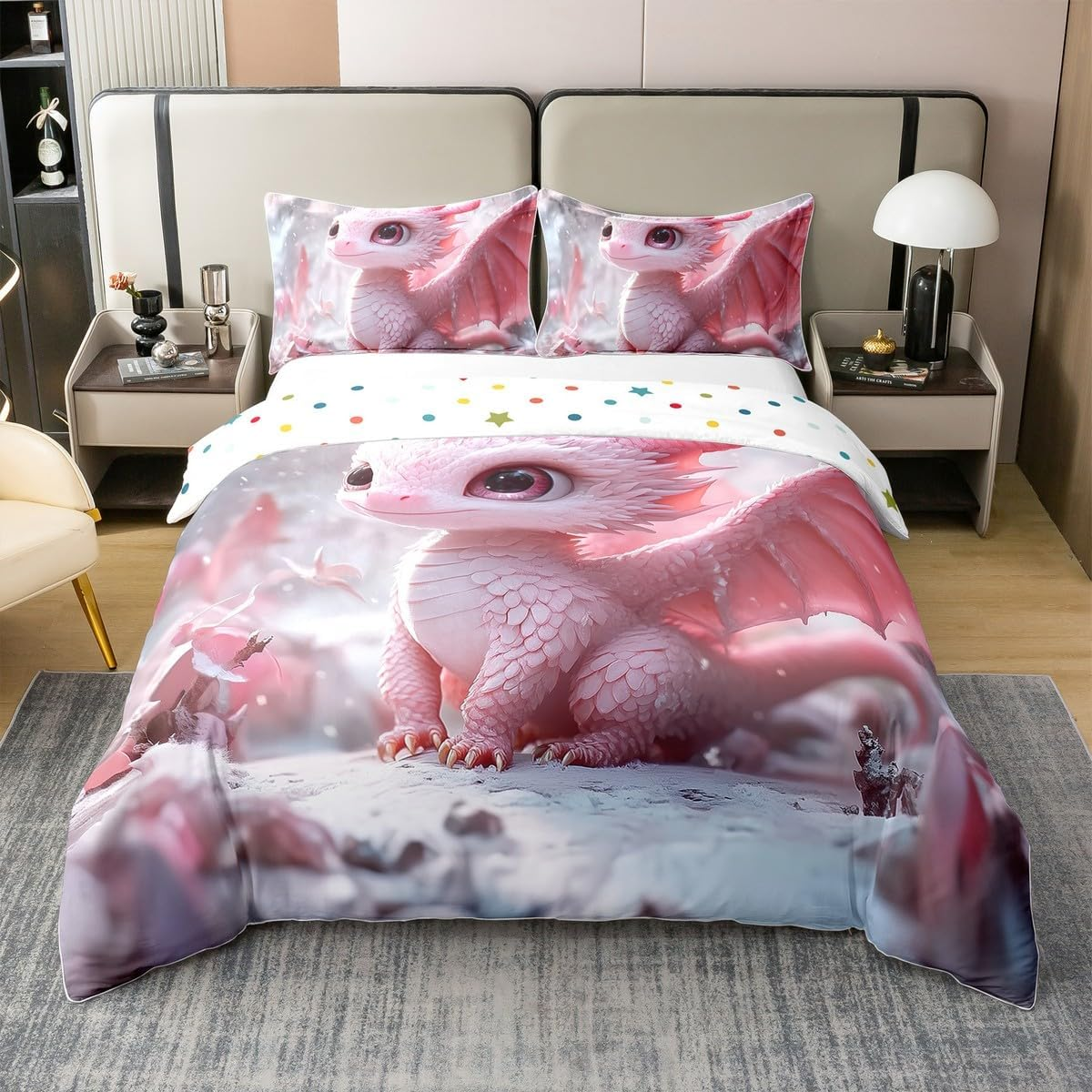 Homewish Dragon 100% Cotton Duvet Cover, Wild Safari Bed Linen Set, 155 X 220 Cm, for Children, Scale, Snow, Dew, Winter, Flowers, Dreamy Aesthetics, Blue, White, Comforter Cover, Breathable Bed Set