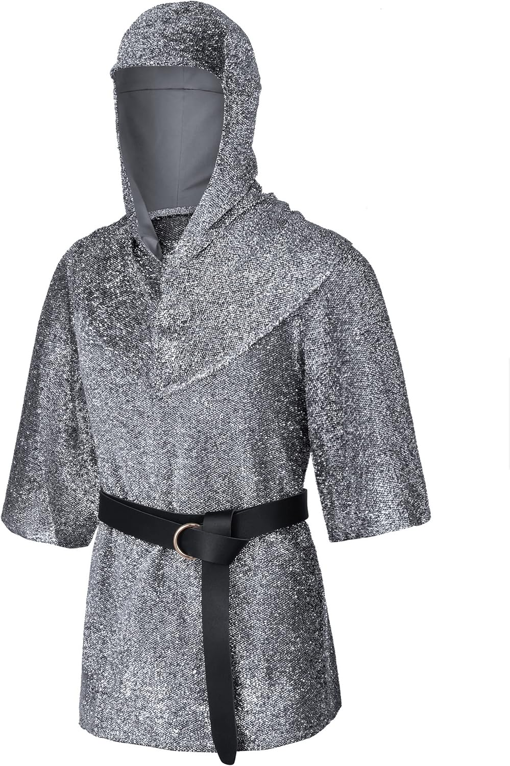 Renaissance Faux Chain Mail Armor Tunic Shirt Coif Medieval Knight Cowl Crusader Costume Outfit Bracers Waist Belt Set image number 1