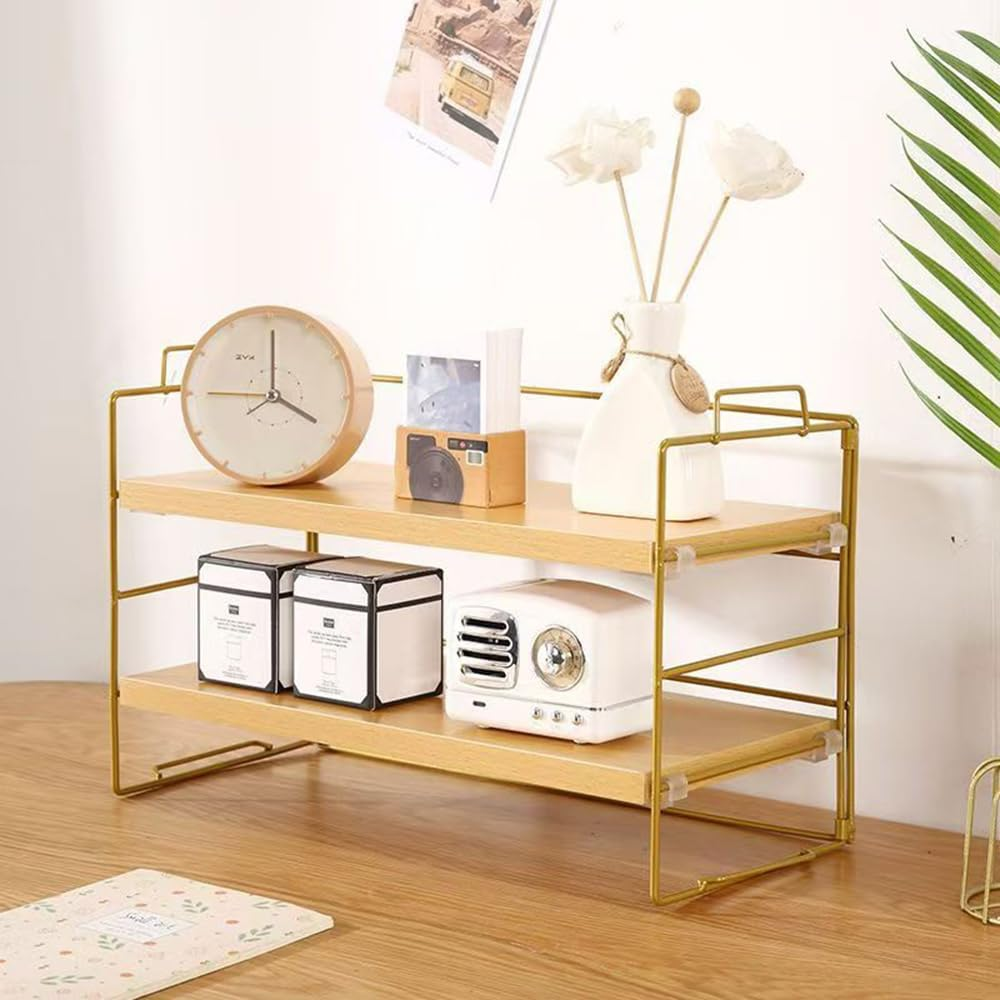 Hbluefat Desktop Organiser Shelf, 2 Tier Adjustable Computer Desk Bookshelf, Small Wood Countertop Bookcase, Dresser Tabletop Display Rack for Home Office (White+Gold)