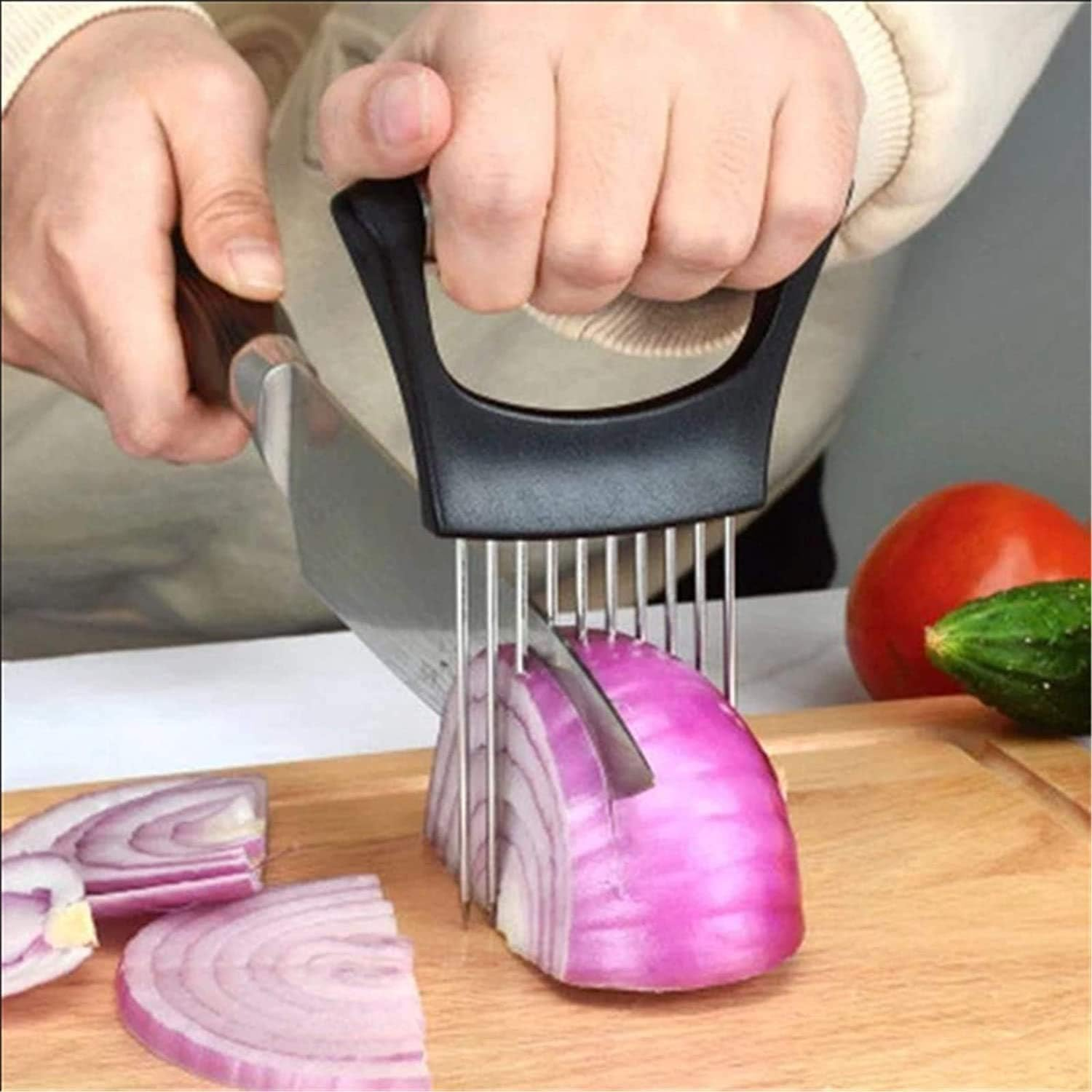 Food Slice Assistant Onion Holder Slicer - Stainless Steel Vegetable Holder Tomato Slicer Meat Slicer, Cutting Kitchen Gadget Onion Cutter,Kitchen Vegetable Slicing Aids(Black) image number 2