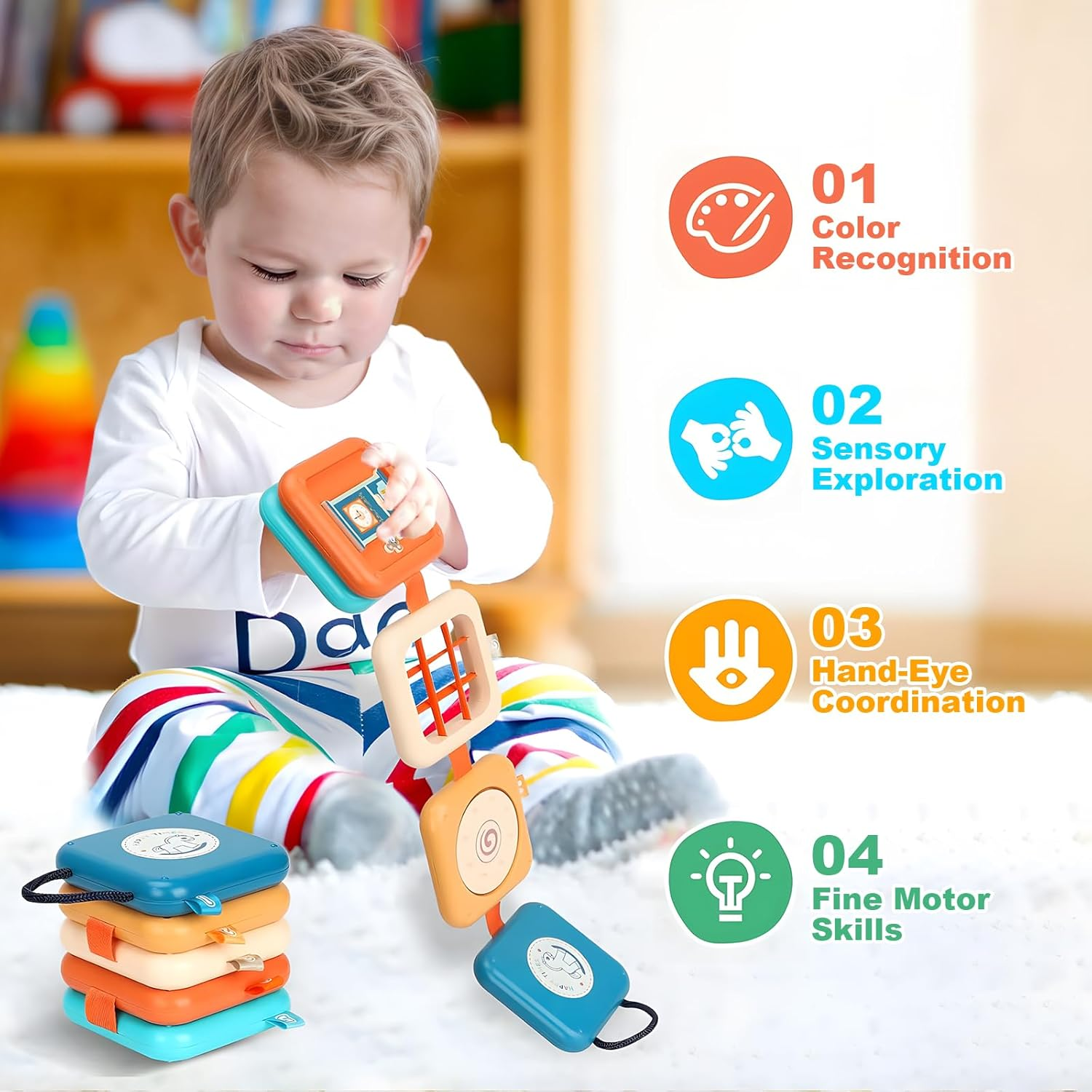 Baby Busy Activity Cube: Baby Busy Board Interactive Play Toy&ndash; Montessori Sensory Toy for Toddlers, Baby Learning 8 in 1 Activity Toys, Tummy Time Mirror, Travel Educational Toy for Boys Girls 1 Year Old, Easter Basket Stuffers, Gift image number 4