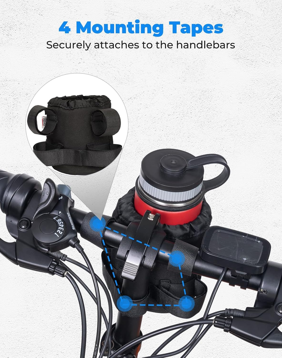 KEMIMOTO Bike Cup Holder, Water Bottle Holder Bicycle Handlebar Drink Holder with 2 Pockets, Oxford Fabric Water Cup Holder Compatible with Wheelchair Road Bike MTB E-Bike Cruiser Scooter image number 3