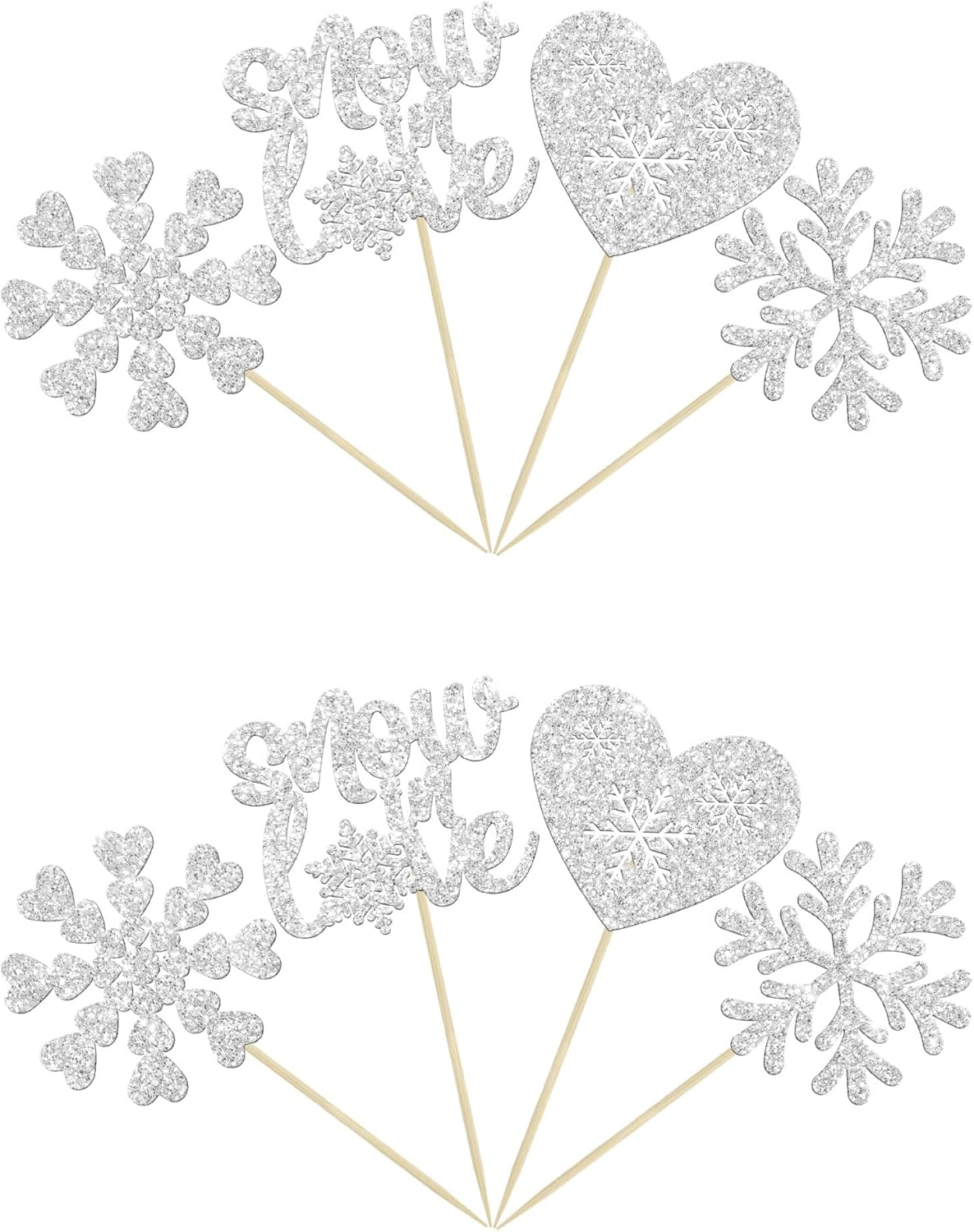 Gyufise 24Pcs Snowflake Cupcake Topper Silver Glitter Winter Heart Snow in Love Cake Toppers for Winter Wonderland Wedding Anniversary Decorations Bridal Shower Party Supplies