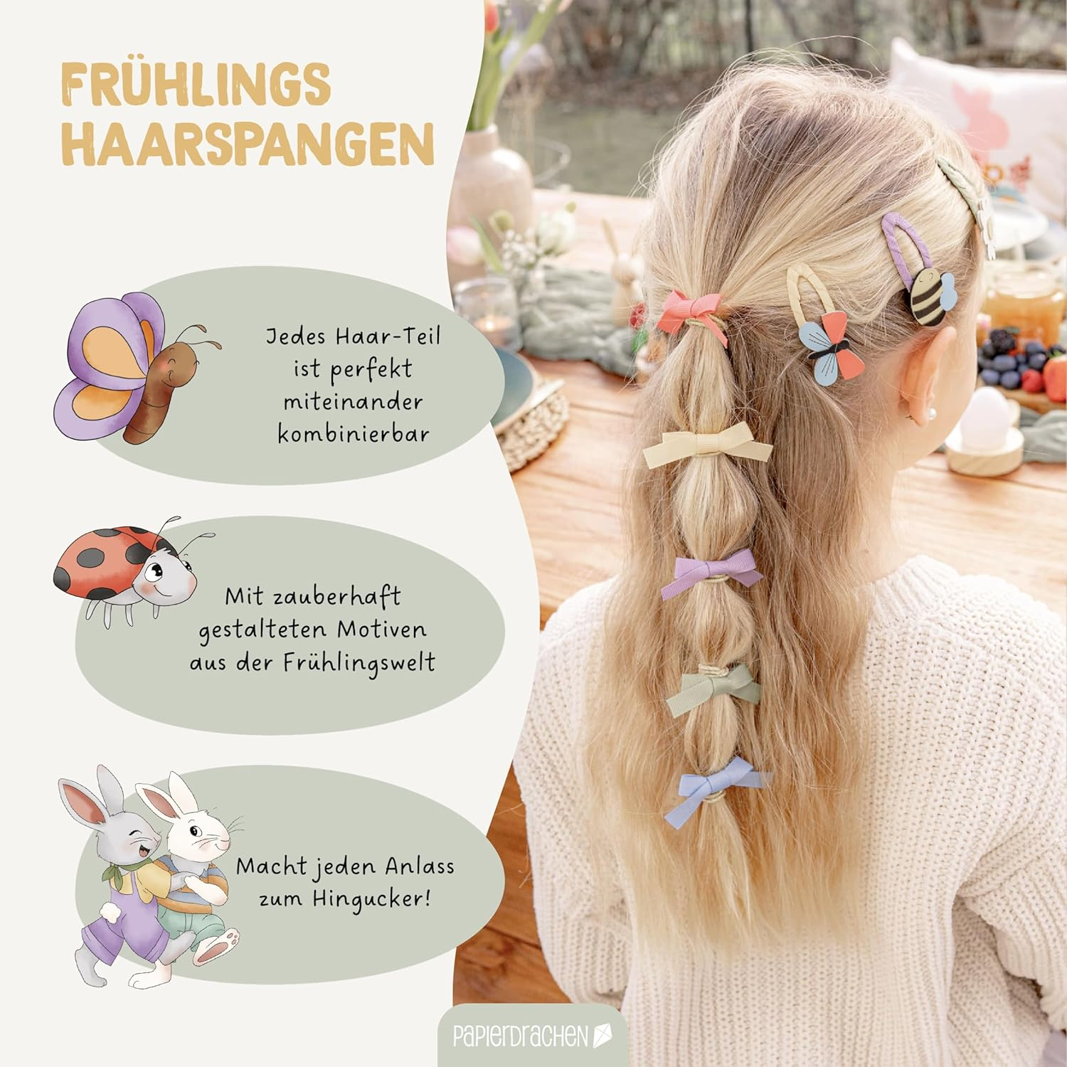 Papierdrachen Spring Hair Accessories Set - 48 Pieces - Durable and Robust - Hair Clips - Hair Bobbles - Accessories - with Appliques - for Long and Fine Hair