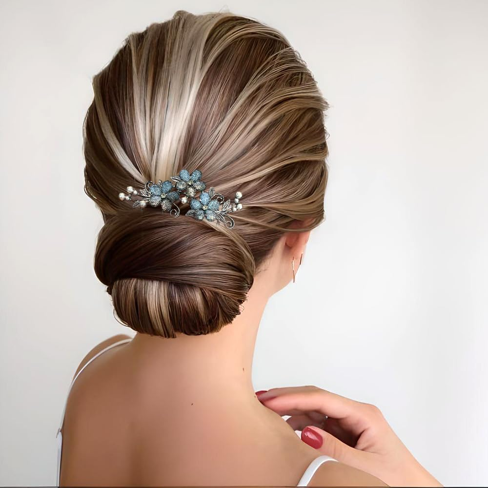 1Pcs Flower Rhinestone Hair Comb Clips Floral Hair Pins for Buns Flower French Metal Hair Pin Hair Fork Decorative Hair Combs French Side Comb Hair Side Combs for Women French Twist Hair Comb Clip image number 5