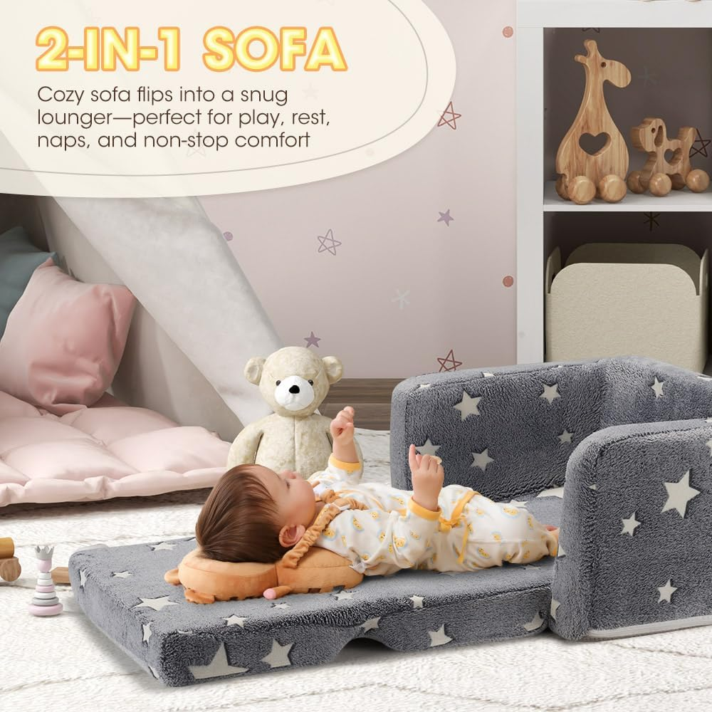 Playpals Kids Sofa Couch 2-In-1 Kids Flip Out Sofa, Convertible Sofa Bed to Lounger with Cute Star Designs, Glow in the Dark, Removable Washable Cover, Kid Couch for Girls Boys, Grey image number 4