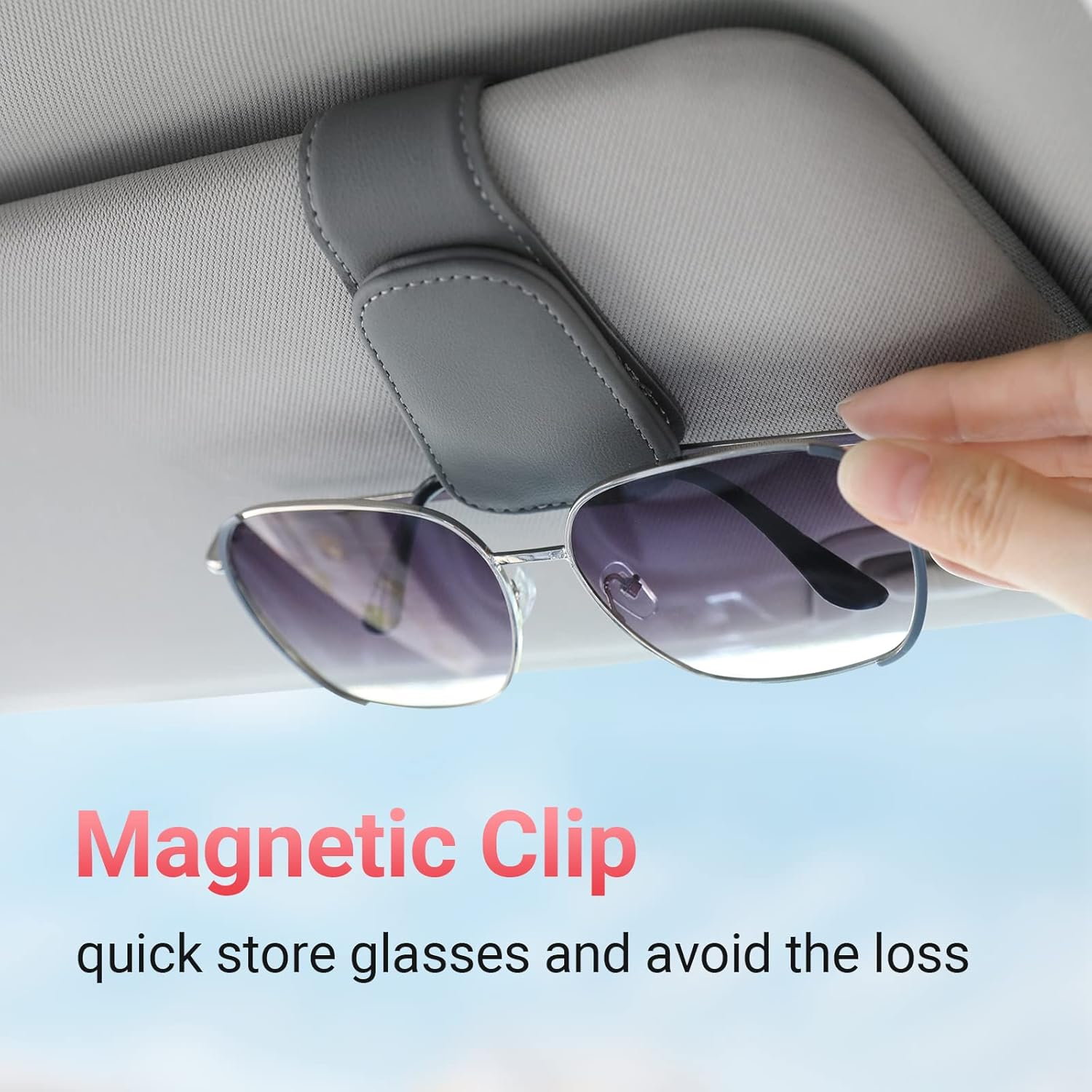 Kansmart Sunglass Holder for Car Visor Sunglasses Clip Magnetic Leather Glasses Eyeglass Holder Auto Interior Accessories Universal for SUV Pickup Truck -Gray - Beige, 1 image number 2