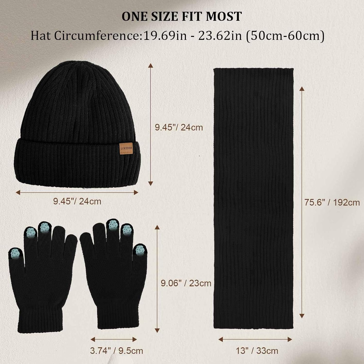 LOKZEER Winter Hat Scarf Gloves Set for Men Women - Warm Knit Beanie with Fleece Lining, Touchscreen Gloves with Non-Slip Silicone Palm, Thick Knitted Long Scarf, Warm Cold Weather (One Size) image number 1