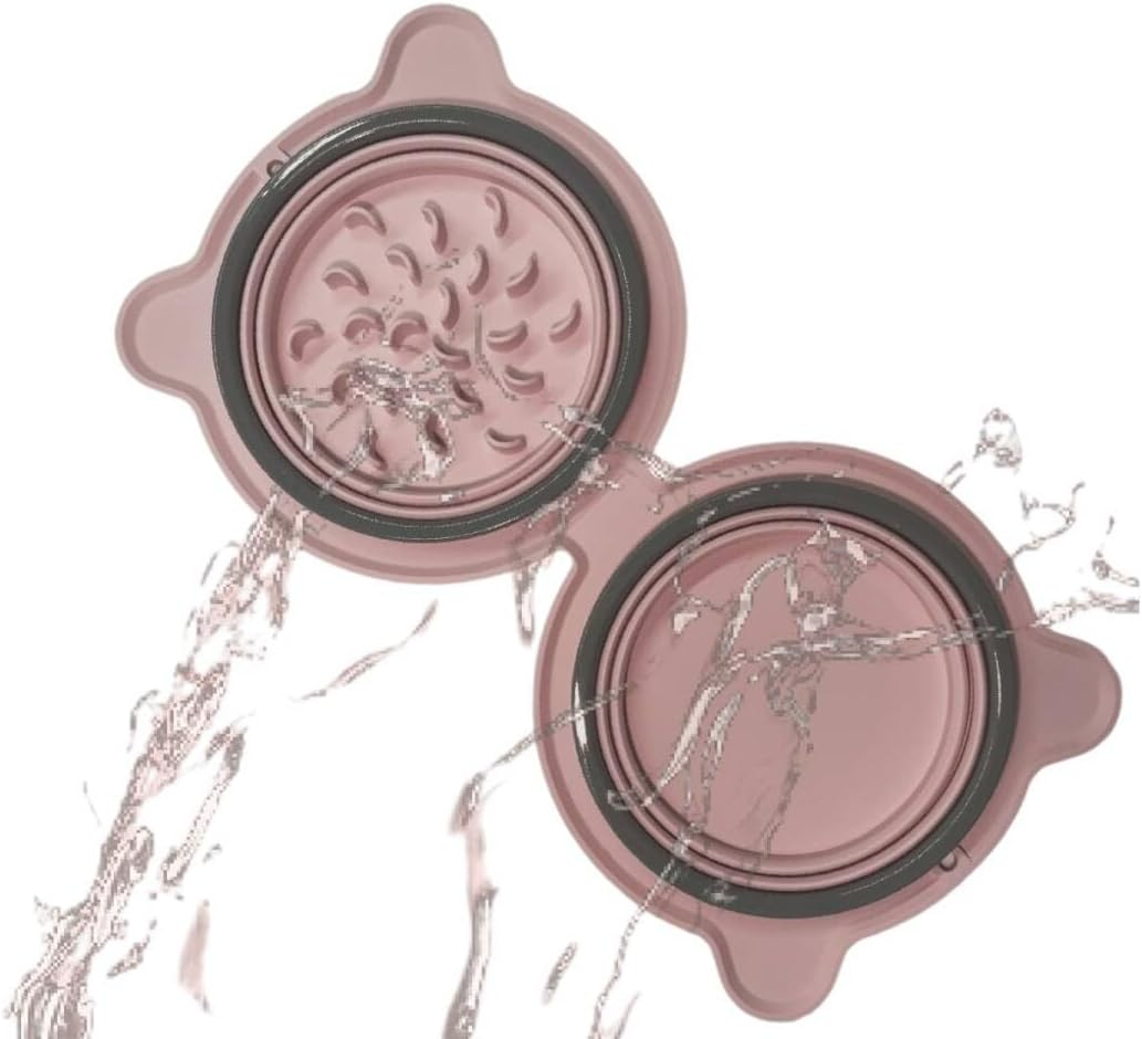 Portable Collapsible Dog Bowl - Silicone Travel Pet Bowl with Slow Feeder, Holds 500Ml Water & 300G Food, Anti-Slip, Easy to Clean, Foldable Double Bowl for Outdoor Walks (Pink)