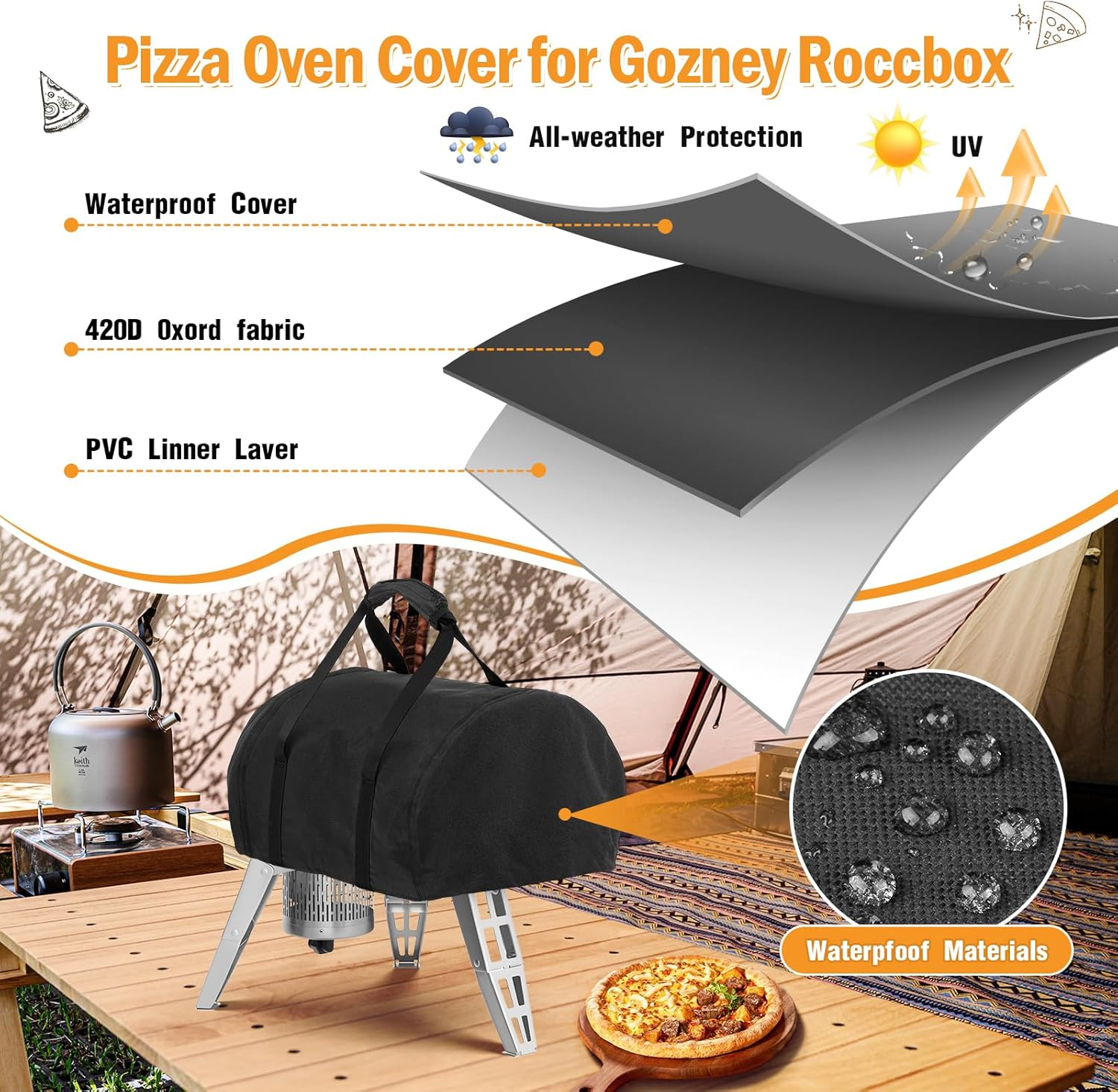 Waterproof Pizza Oven Cover for Gozney Roccbox Pizza Oven, 600D Outdoor Camping Wood Burner Storage Protective Cover Heavy Duty Waterproof Grill Oven Cover - Brown image number 5