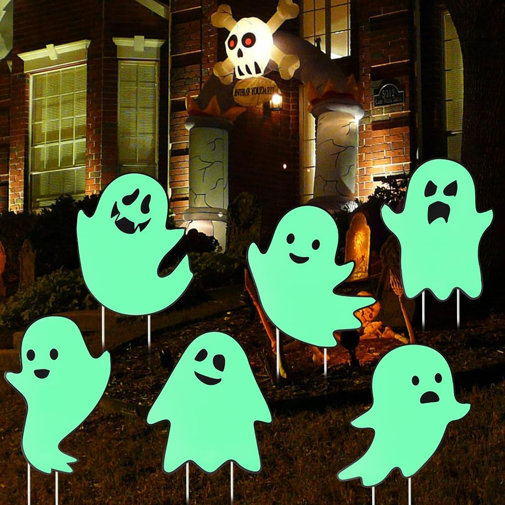 AUTOWT Halloween Decorations Outdoor Yard Signs, 6PCS Fluorescence Scary Ghost D&eacute;cor with Stakes, Glow in the Dark Outdoor Lawn Party Patio Tree Front Door Decor