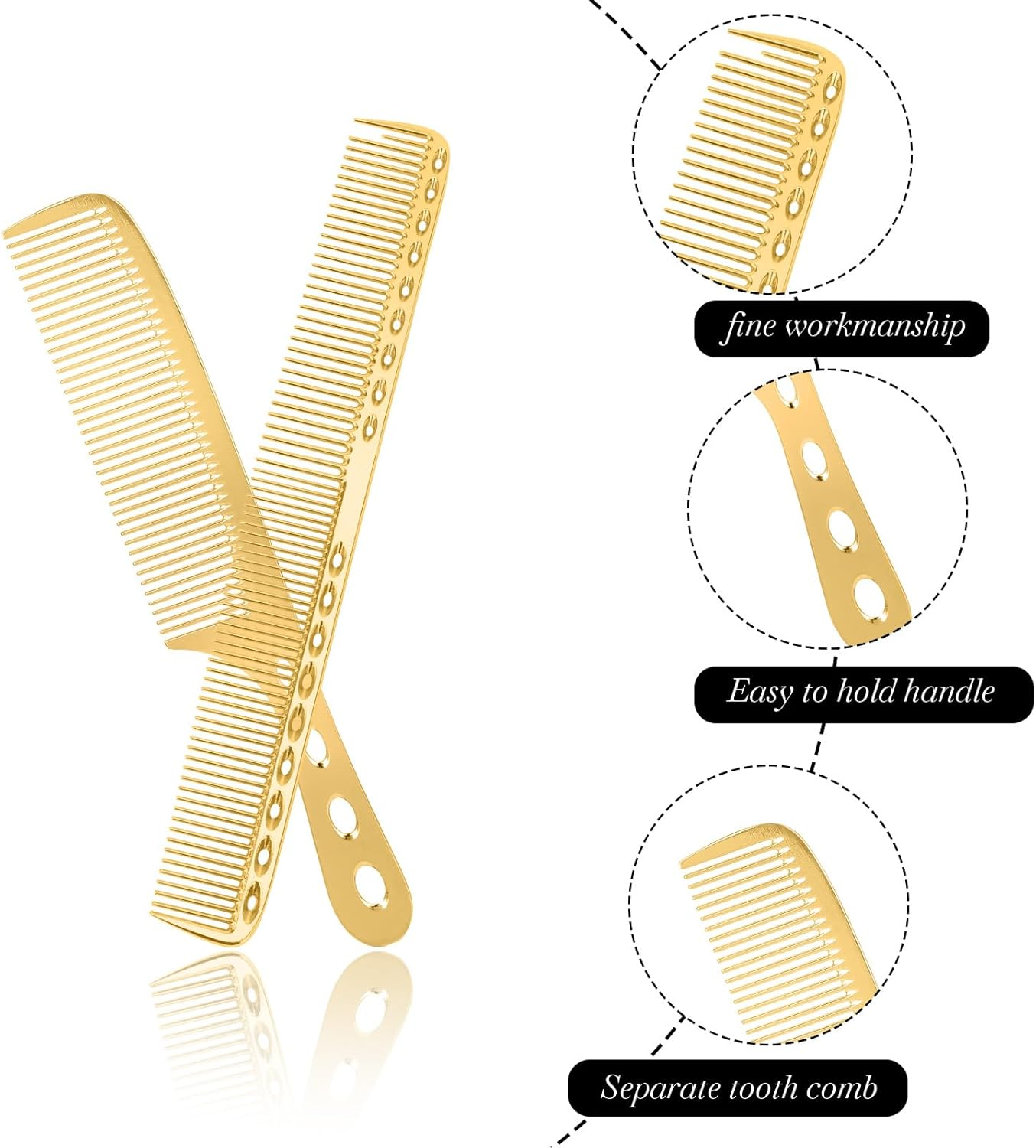 Metal Comb for Men, 2 PCS Fine Tooth Comb Aluminum Cutting Comb Metal Hair Styling Comb Set Metal Rat Tail Comb Professional Barber Comb, Detangling Comb anti Static Metal Combs for Hair Women, Gold image number 2