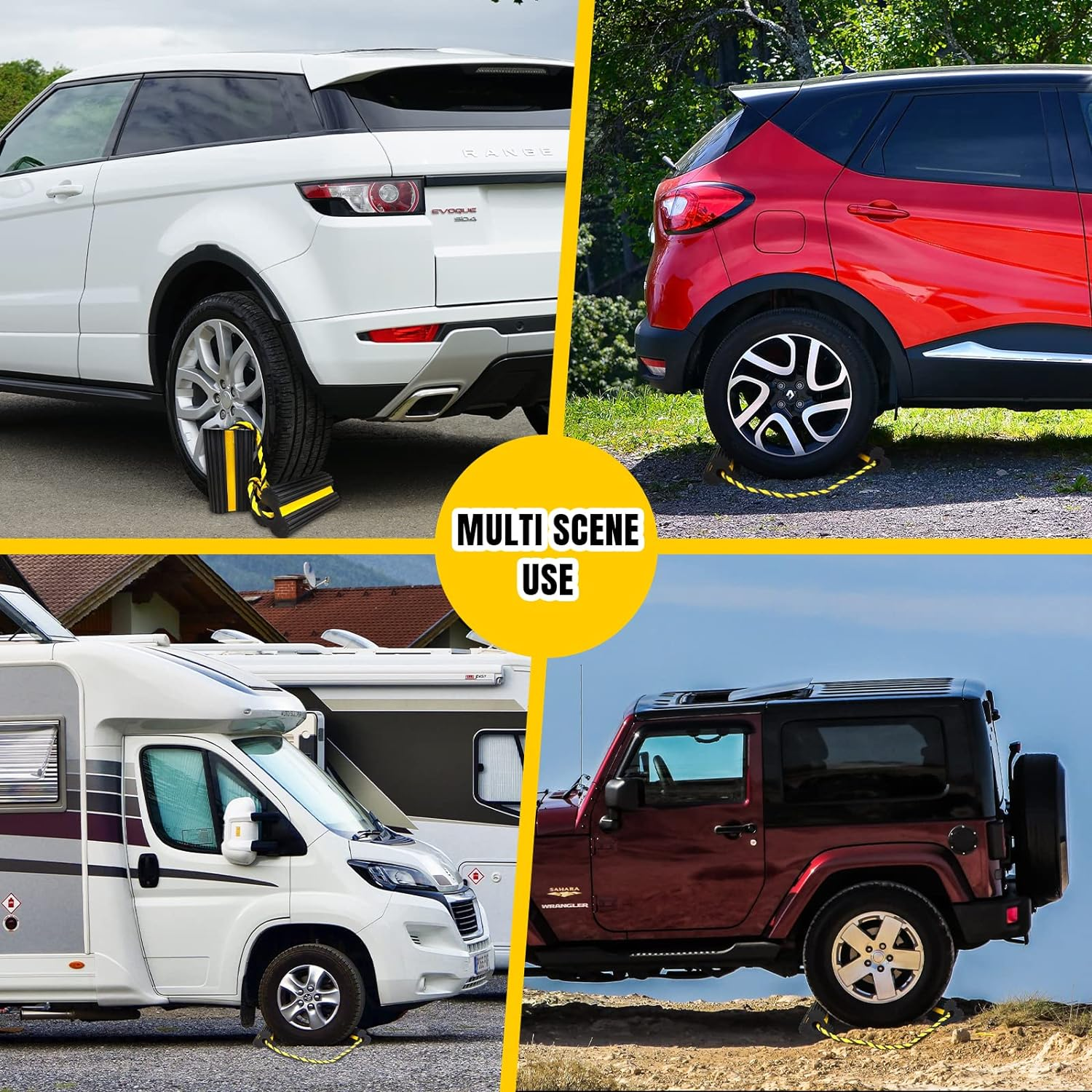 Heavy Duty Rubber Dual Wheel Chocks Front and Back, RV Leveling Blocks Non Slip Base with Nylon Rope Yellow Reflective Tape for Travel Trailers, Car, Camper, Truck 1 Pair image number 2