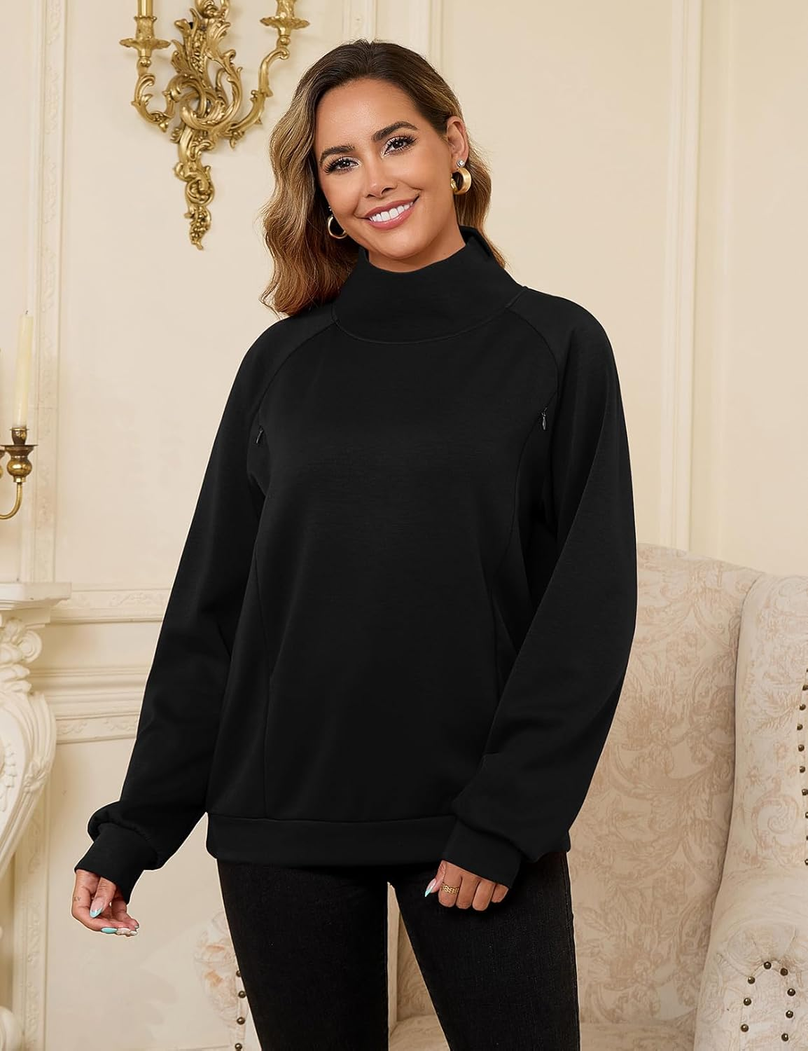 Bhome Nursing Sweatshirt for Breastfeeding High Neck Long Sleeve Nursing Shirt Zipper Maternity Pumping Top Pullover image number 6