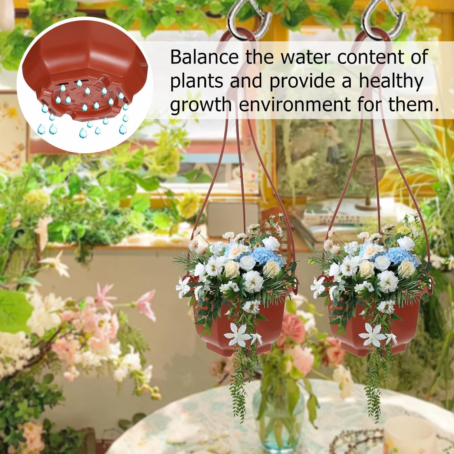 10 Sets of Octagonal Plant Hanging Flower Pots, Plastic Hanging Planters with Drainage Holes and Hooks, for Garden Balcony Decoration (Brown) image number 4