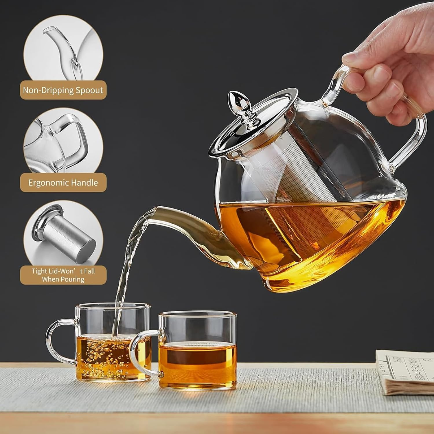1200Ml Glass Teapot Stovetop,Clear Glass Tea Pot Stovetop Safe with Removable Infuser for Teapot Blooming and Loose Leaf Maker Tea Brewer Camping, Travel (Clear) image number 1