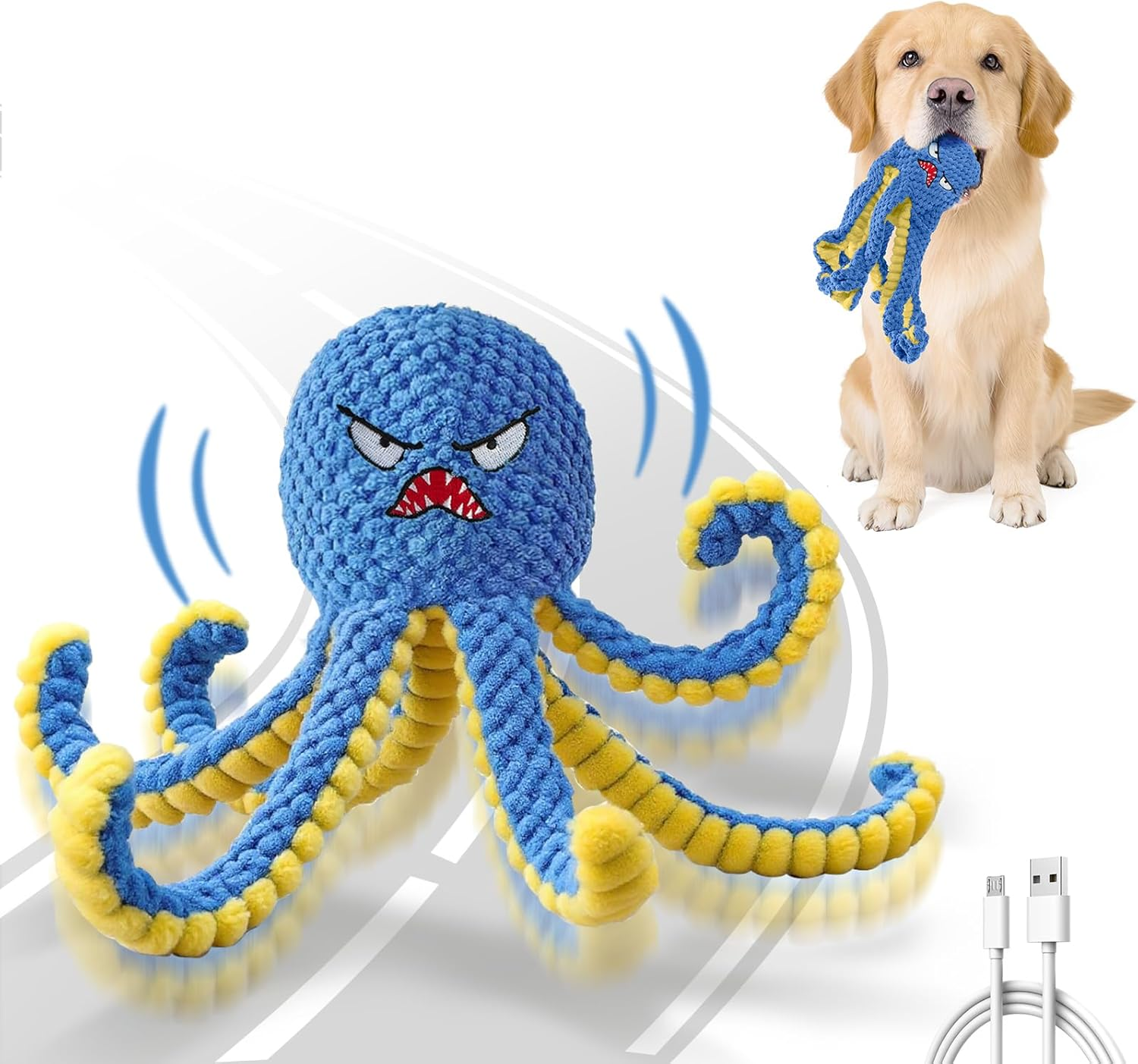 Qraxond Interactive Dog Toys Octopus,Durable Automatic Jumping Dog Toy to Keep Them Busy,Squeaky Moving Tug of War Doggie Toy,Usb Rechargeable,Not for Aggressive Chewers (Blue) image number 1