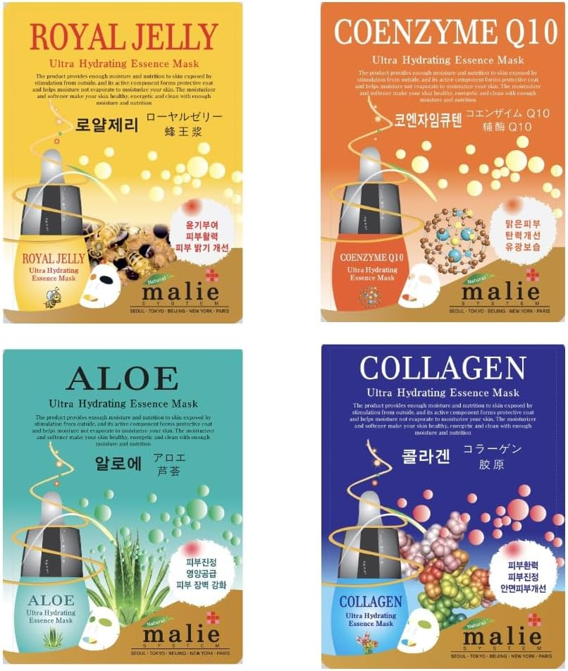 [PACK of 12] Malie Ultra Hydrating Essence Mask Korean Face Glow Skincare Facial Sheet Mask Aloe Collagen Coenzyme Q10 Cucumber Green Tea Pearl Pomegranate Red Ginseng Royal Jelly Seaweed Snail Vitamin image number 2