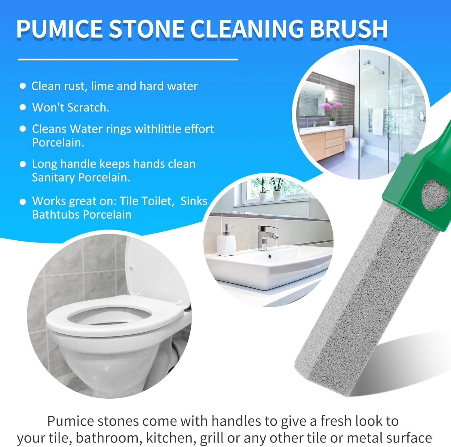 Fwqofvk 15 Pack Pumice Cleaning Stone with Long Handle Toilet Bowl Cleaner Removable Pumice Scouring Stick Effective Pumice Stone Pumice Cleaning Bar for Home Cleaning Toilet, Bathtub (Green)