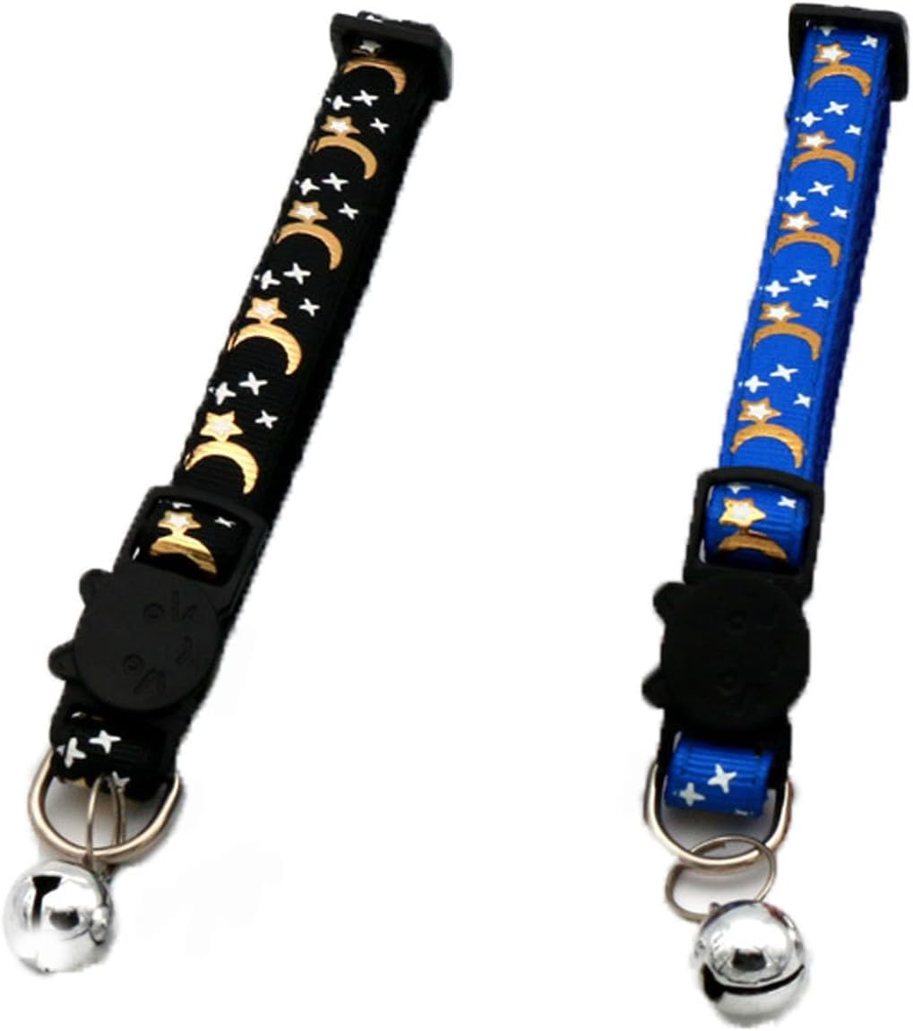 EOMECUIGAO Breakaway Cat Collar with Bells 2PCS Adjustable Moon and Star Kitten Safety Collars (Black &Blue) image number 2